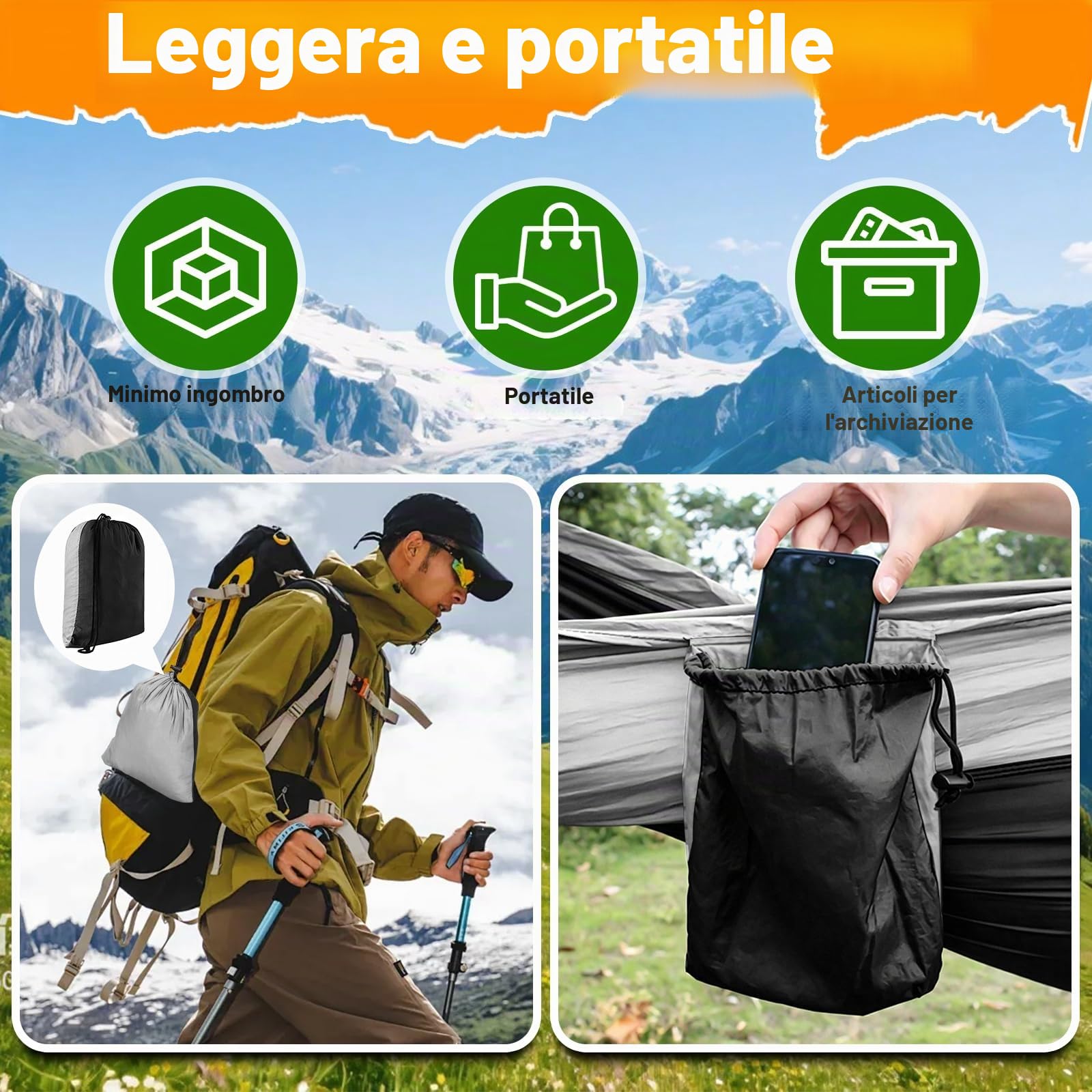 Amaca Campeggio Ultraleggera, Capacità di Carico 300kg, 270 x 140 cm in Nylon Paracadute Traspirante, con Cinghie Rispettose degli Alberi, Moschettoni & Borsa da Viaggio, per Giardino, Trekking