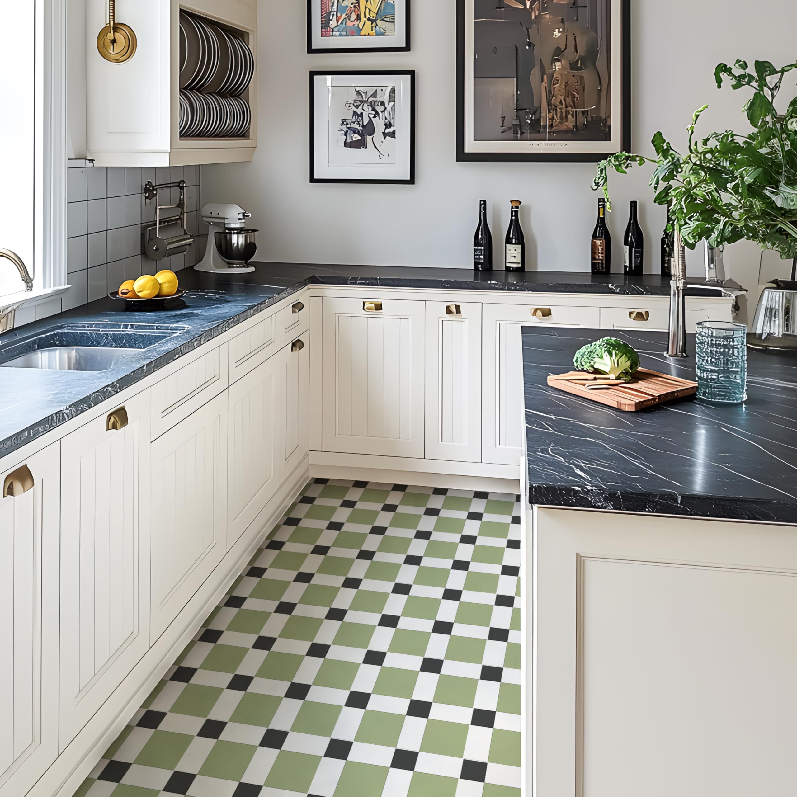Carreaux de sol autocollants design géométrique vert sauge et noir déco