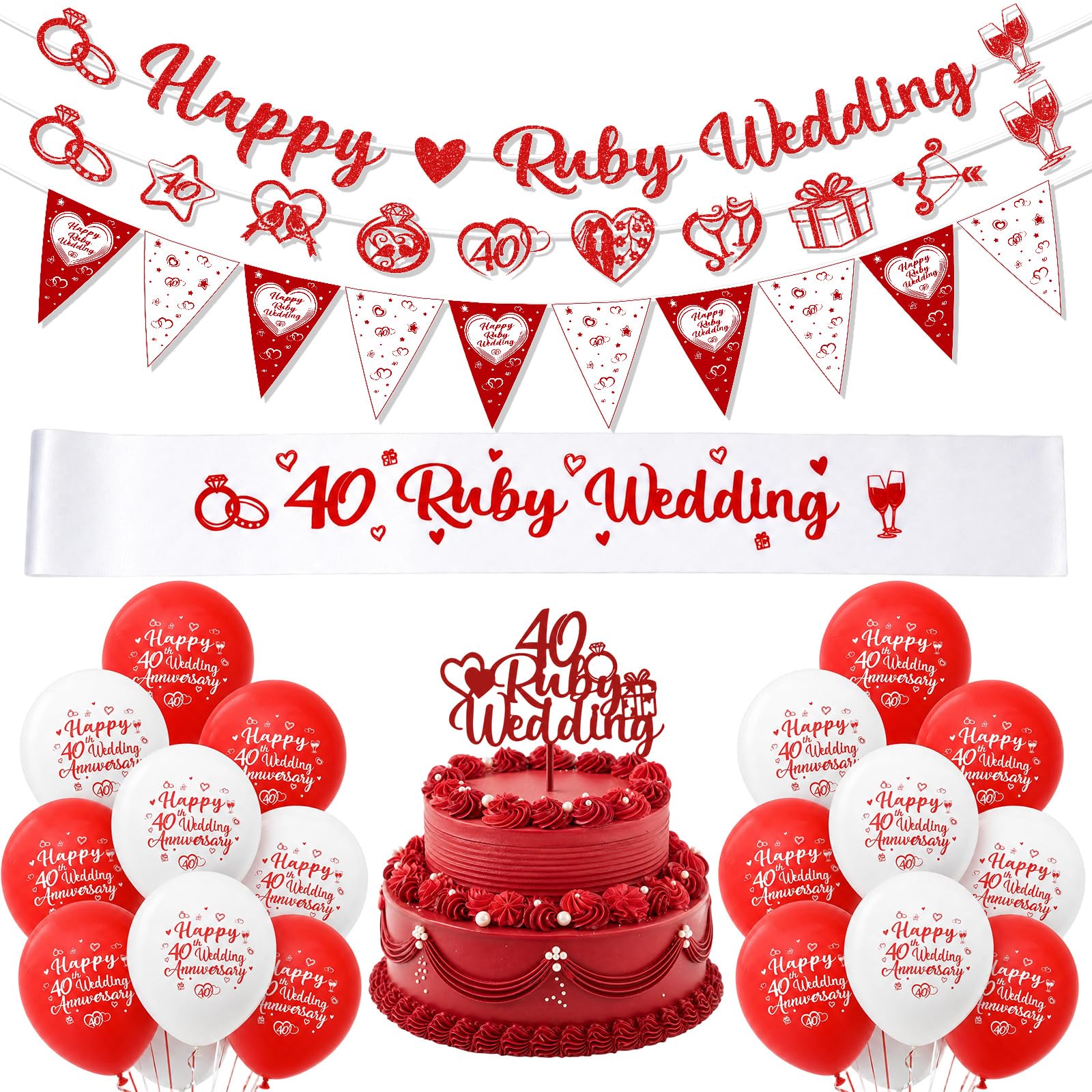 Ruby 40th Wedding Anniversary Decorations, Glitter Banner, Triangle Bunting, Pattern Flags, 2 Sashes, 12 Red & White Balloons and Cake Topper, 40th Anniversary Party Supplies