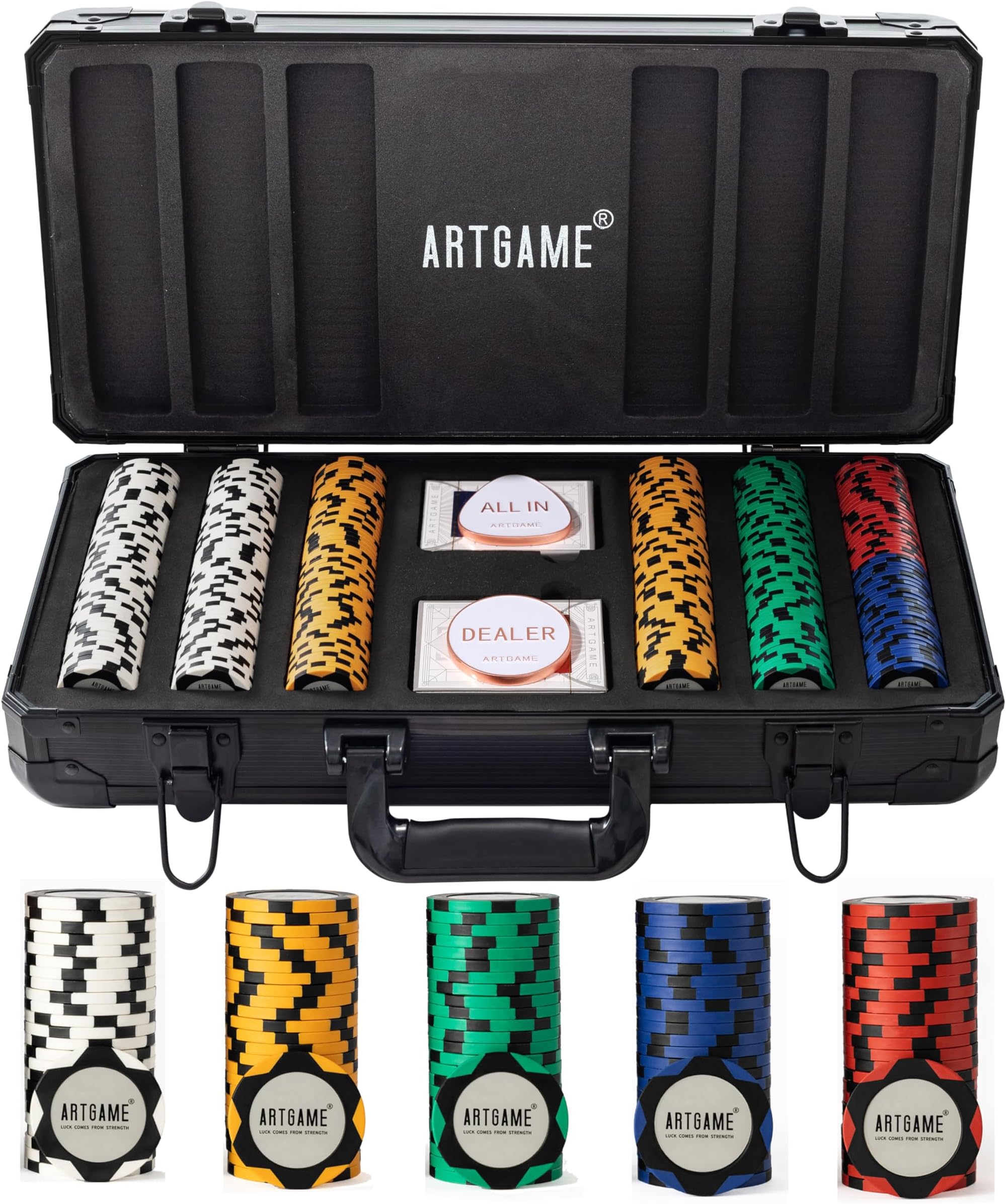 ARTGAME 14 Gram Clay Poker Chip Set for Texas Hold’em, 300Pcs Casino Style Chips, with K-Type Aluminum Case and Dealer Buttons.