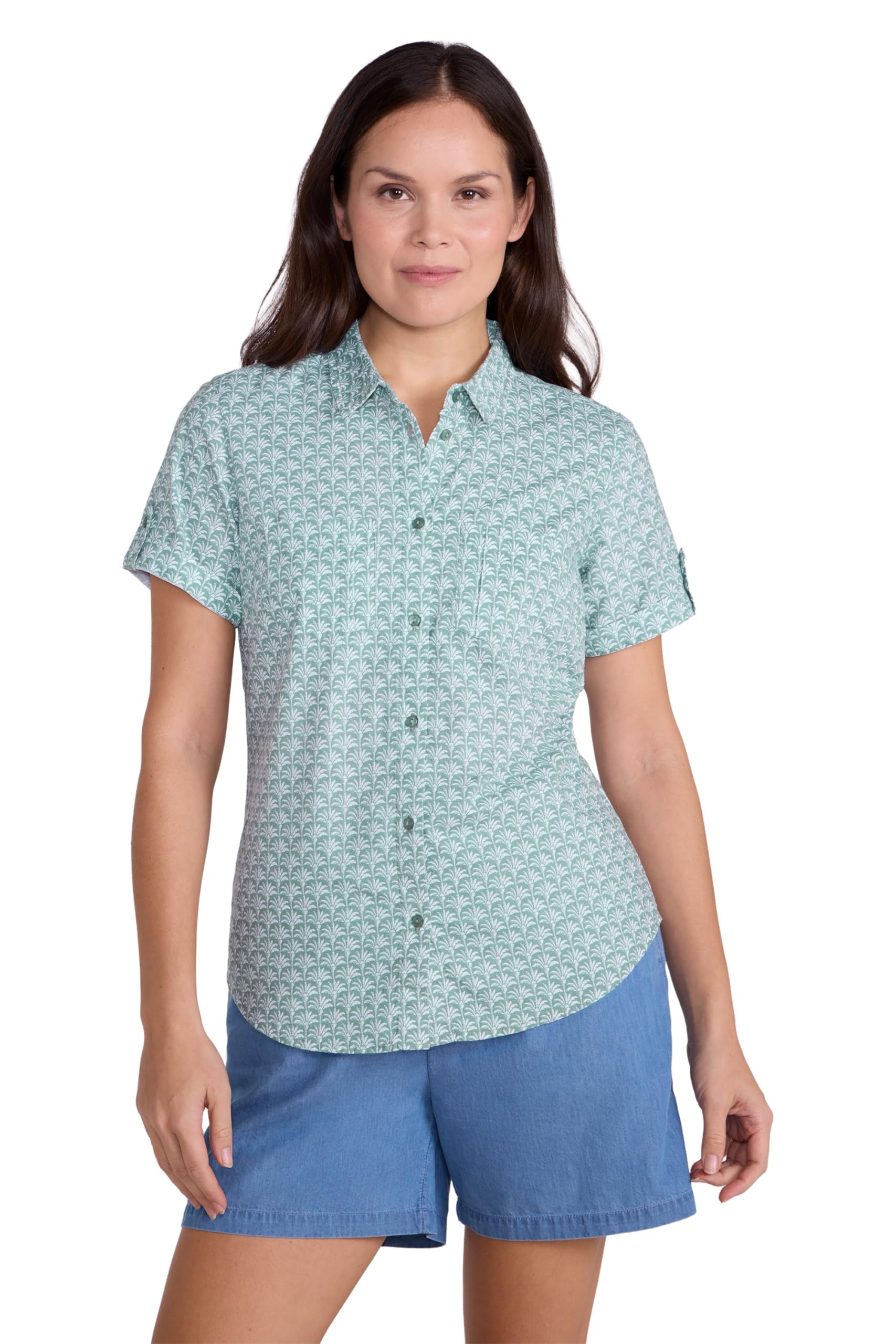 Mountain Warehouse Women's Light Khaki (Printed) Coconut Short Sleeve Shirt - 100% Cotton Top, Lightweight, Breathable Blouse, Mesh Lined Tee - For Travelling & Daily Use Light Khaki Size 16
