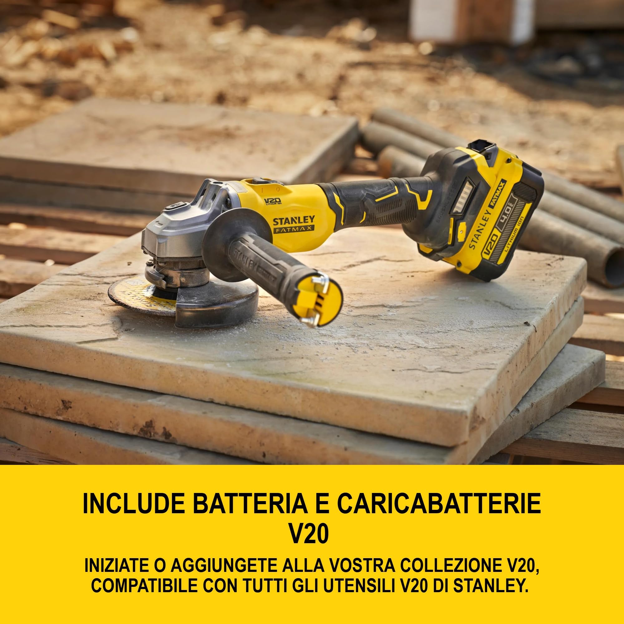 STANLEY FATMAX V20, smerigliatrice angolare Brushless da 125 mm, include batteria agli ioni di litio da 4,0 Ah, caricatore da 2 A e custodia PRO-STACK, 18 V, SFMCG710M1T-QW