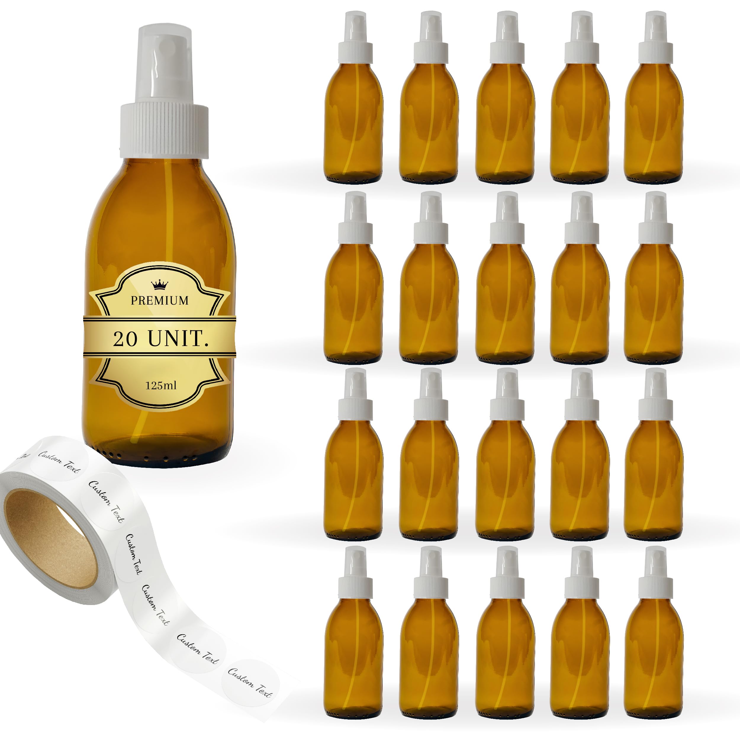 20 butelek ze szkła burszowego 125 ml z pokrywką z rozpylaczem + 20 niestandardowych etykiet - olejki eteryczne, kosmetyki, perfumy, spray do włosów - pielęgnacja skóry i włosów