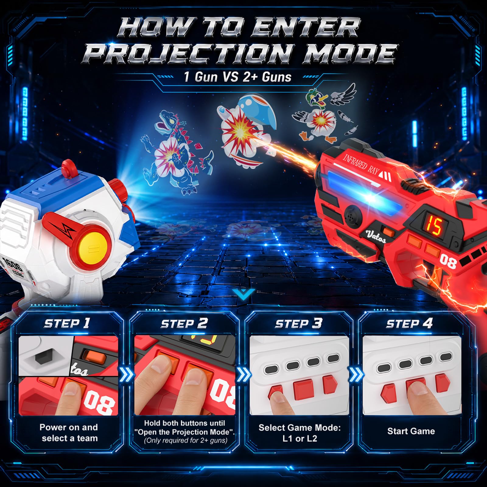 VATOS Wiederaufladbares Laser Tag Set, 2 Infrarot Laser Tag Pistolen, Interaktive Projektion mit LED-Punktestandanzeige und 3 Zielkarten, Unterhaltsames Lasertag Spielzeug für Kinder und Erwachsene