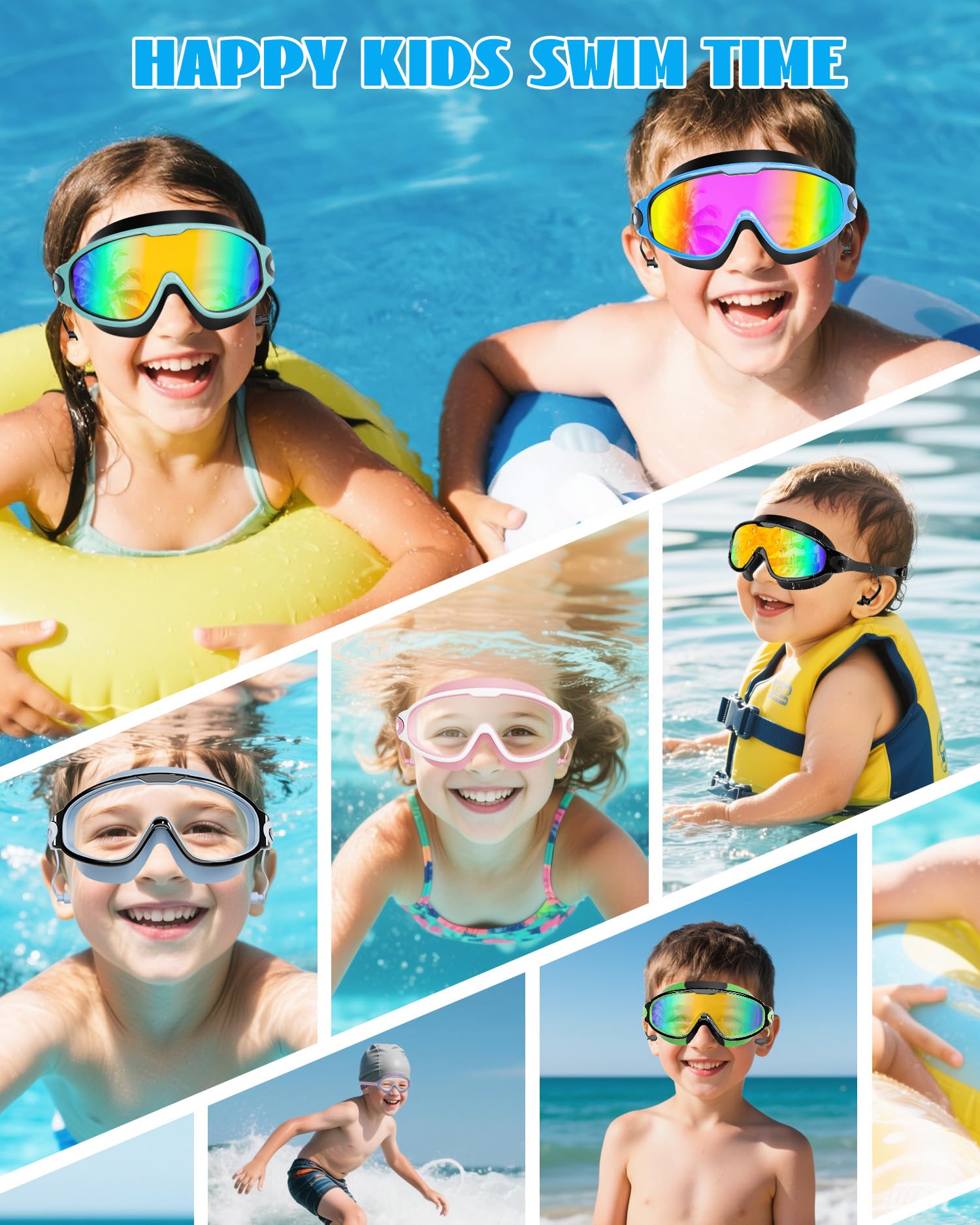 Aegend Occhialini da nuoto per bambini, con ampia vista, anti-appannamento/UV, senza perdite, con tappi per le orecchie, per bambini dai 3 ai 14 anni