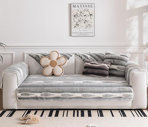 Miniatura 3 de Funda de sofá de piel sintética de color degradado, gris, gruesa, suave, mullida, antideslizante, protector de muebles lavable (gris claro, 28 x 47