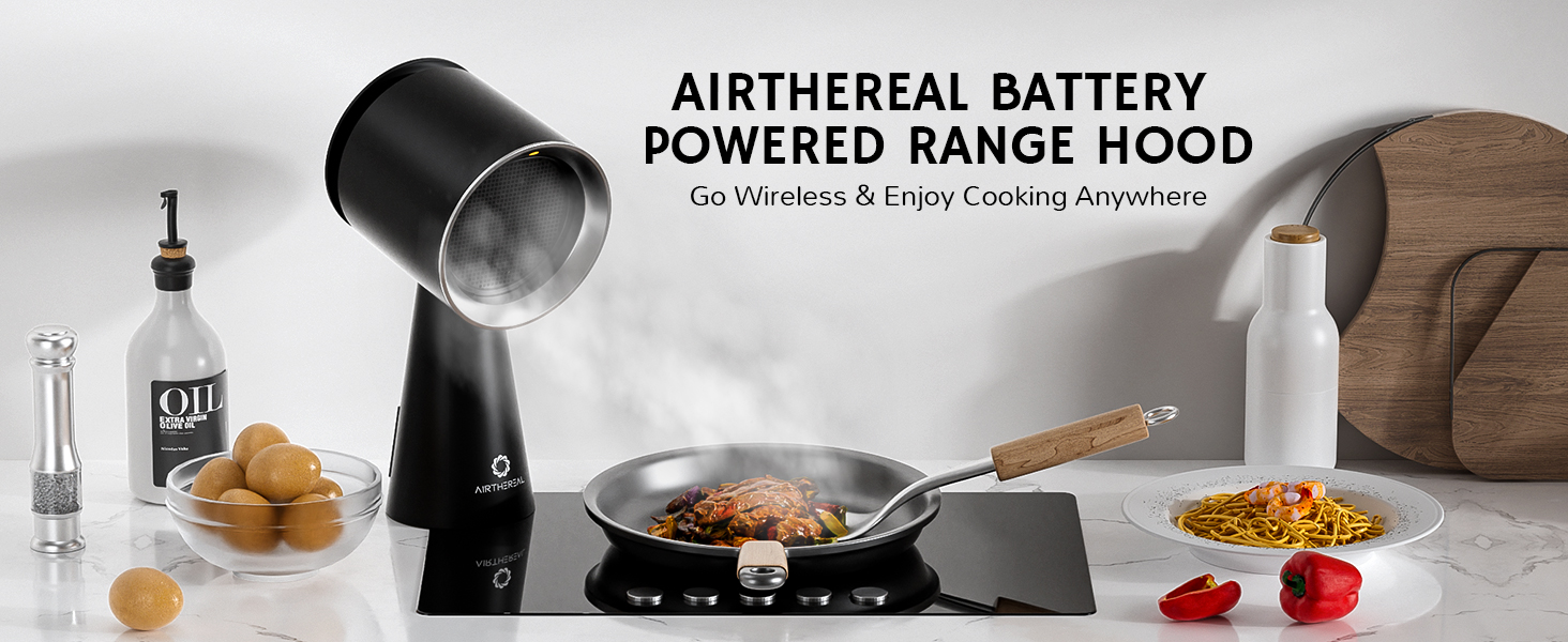 Image of AIRTHEREAL Portable Range Hood with Rechargeable Battery, 3-Speed Suction Desktop Exhaust Fan, Tabletop Smoke Extractor for Indoor BBQ, Hibachi, RV, Apartment, and Dorm, RH180B Black
