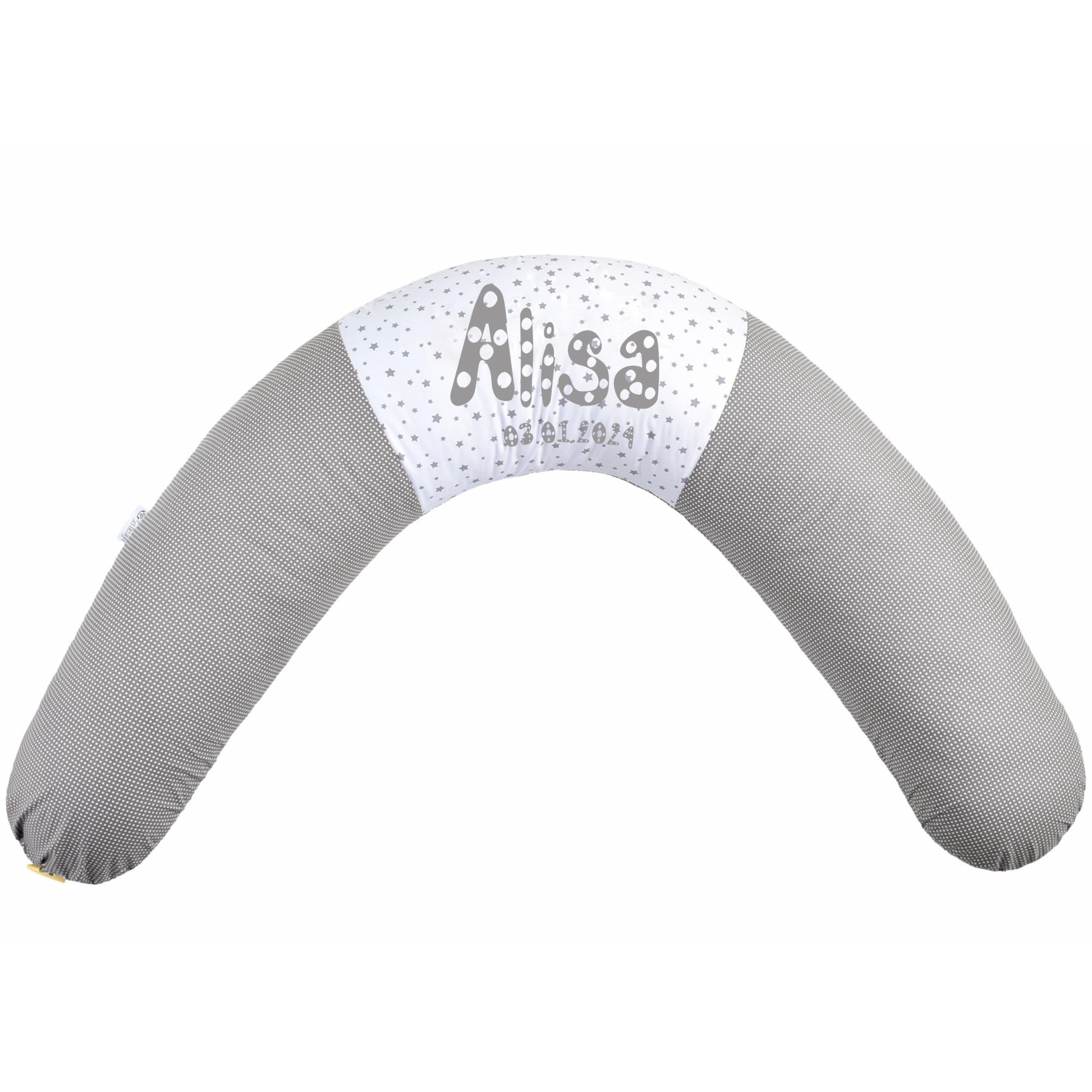 sei Design Stillkissen XXL - personalisiert mit Namen und Geburtsdatum personalisierte Geschenke Baby Junge Mädchen Schwangerschaftskissen 190cm grau groß