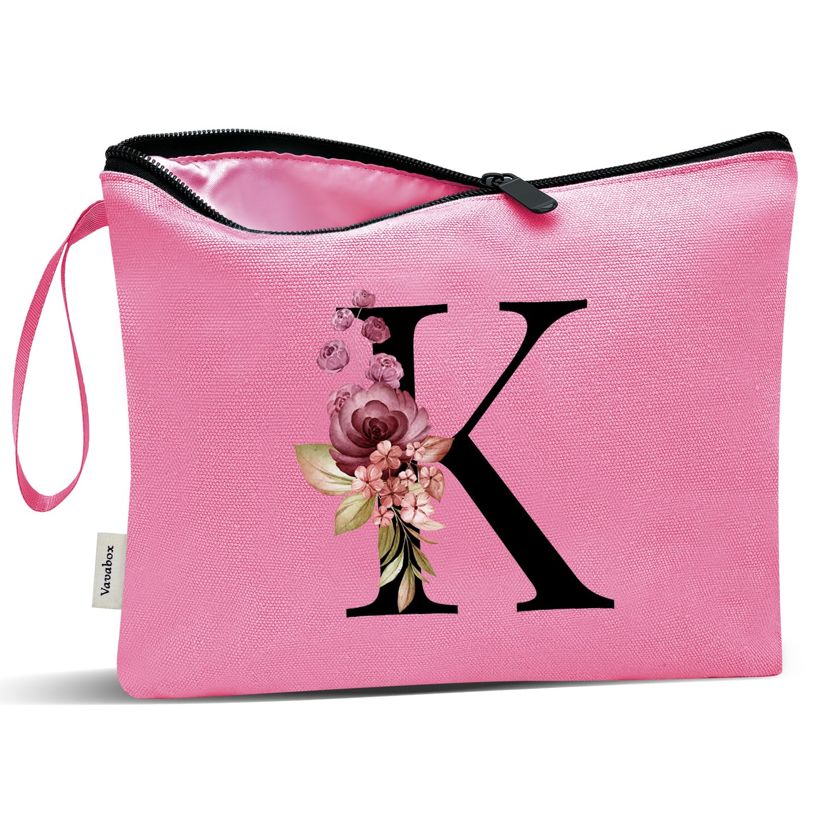 Vavabox A-Z Personalized Makeup Bag, Birthday Gifts for Women Mom, Gifts for Best Friend, Bride Bridesmaid Cosmetic bag (K, Peach)