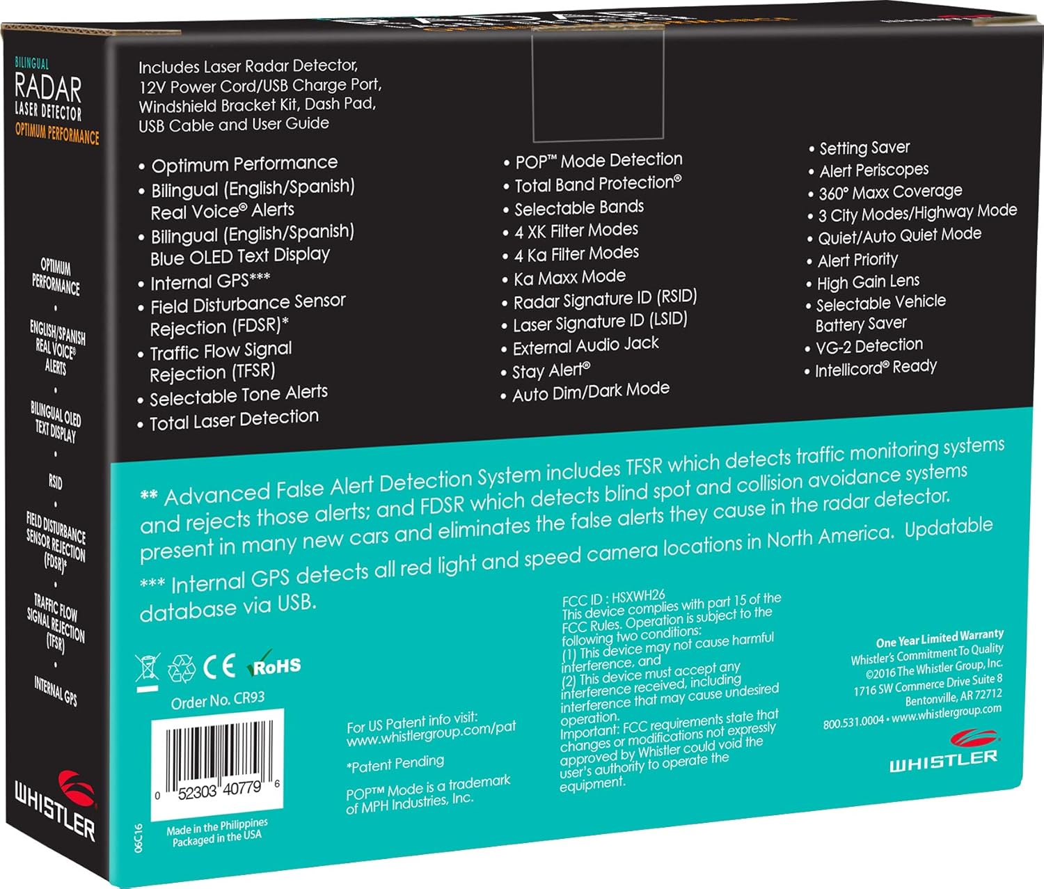 Back of Whistler CR93 retail box with features and specifications