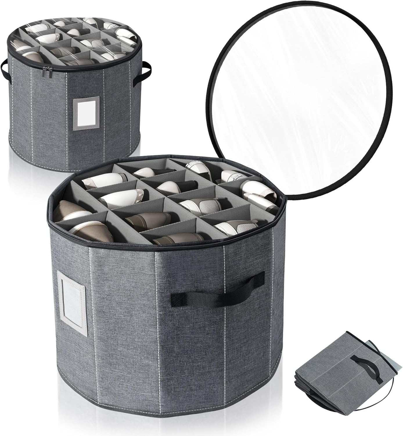 Shoe Storage Box for Women - Round Cylindrical Boot Organizer with Clear Lid, Foldable Closet Shoe Box with Adjustable Dividers, Space Saving Grey 15.7"x13", Fits Heels Sneakers Boots