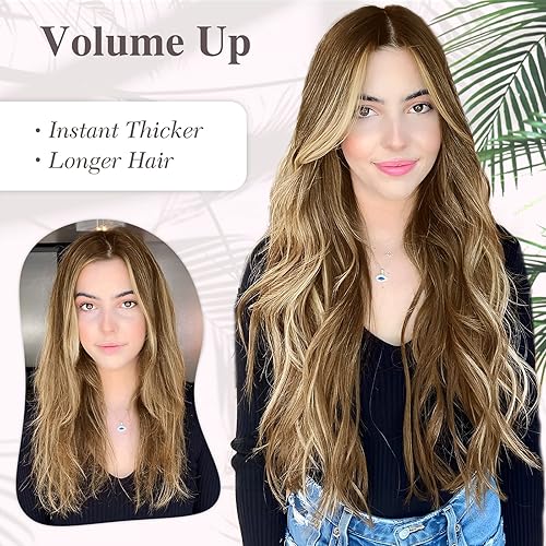 Miniatura 3 de MORICA Extensiones de cabello con alambre invisible, 20 pulgadas, marrón mezclado con rubio, largo, ondulado, sintético, con alambre transparente,