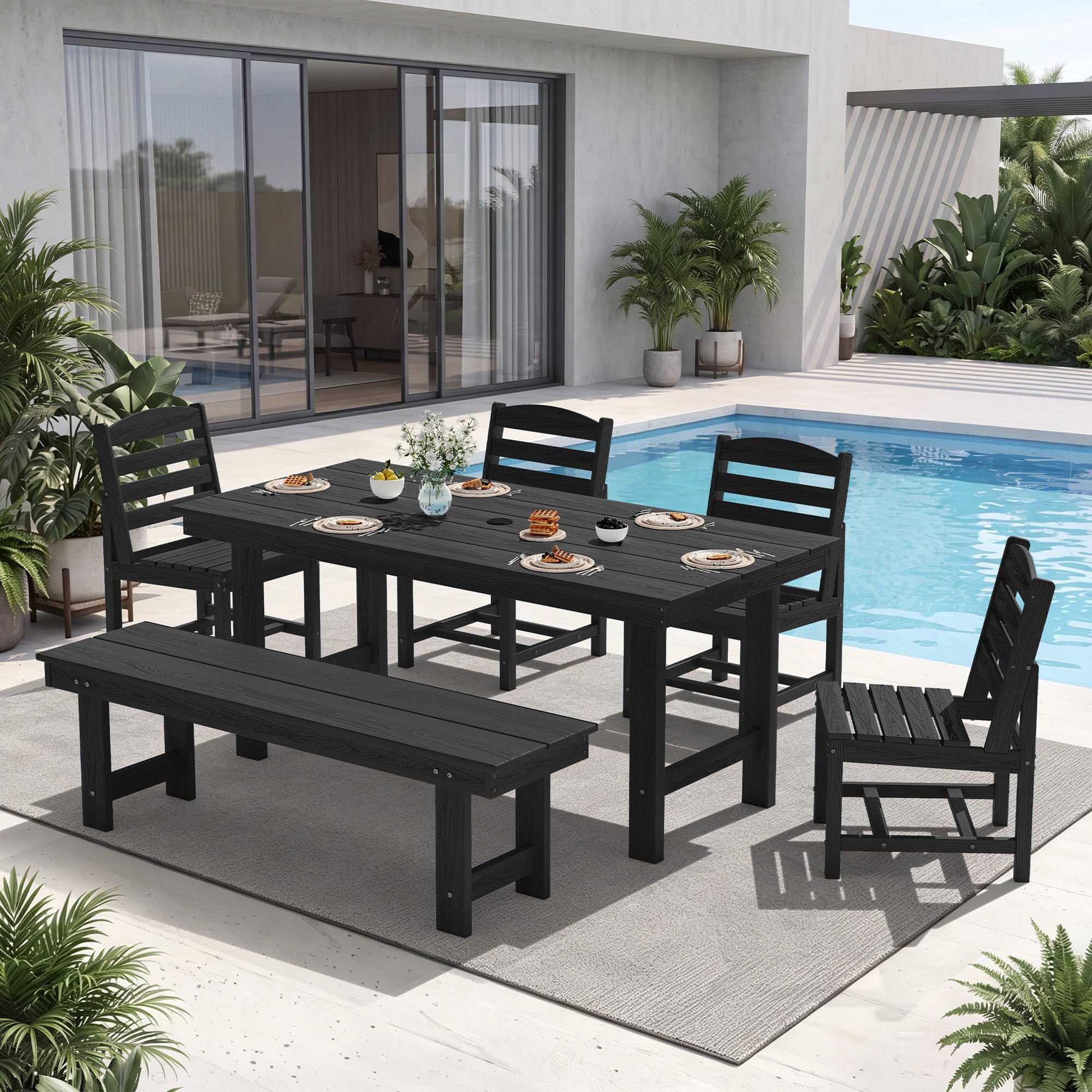 KINGYES 6-Piece Patio Dining Set, HDPE Table Bench and Armless Chairs Black