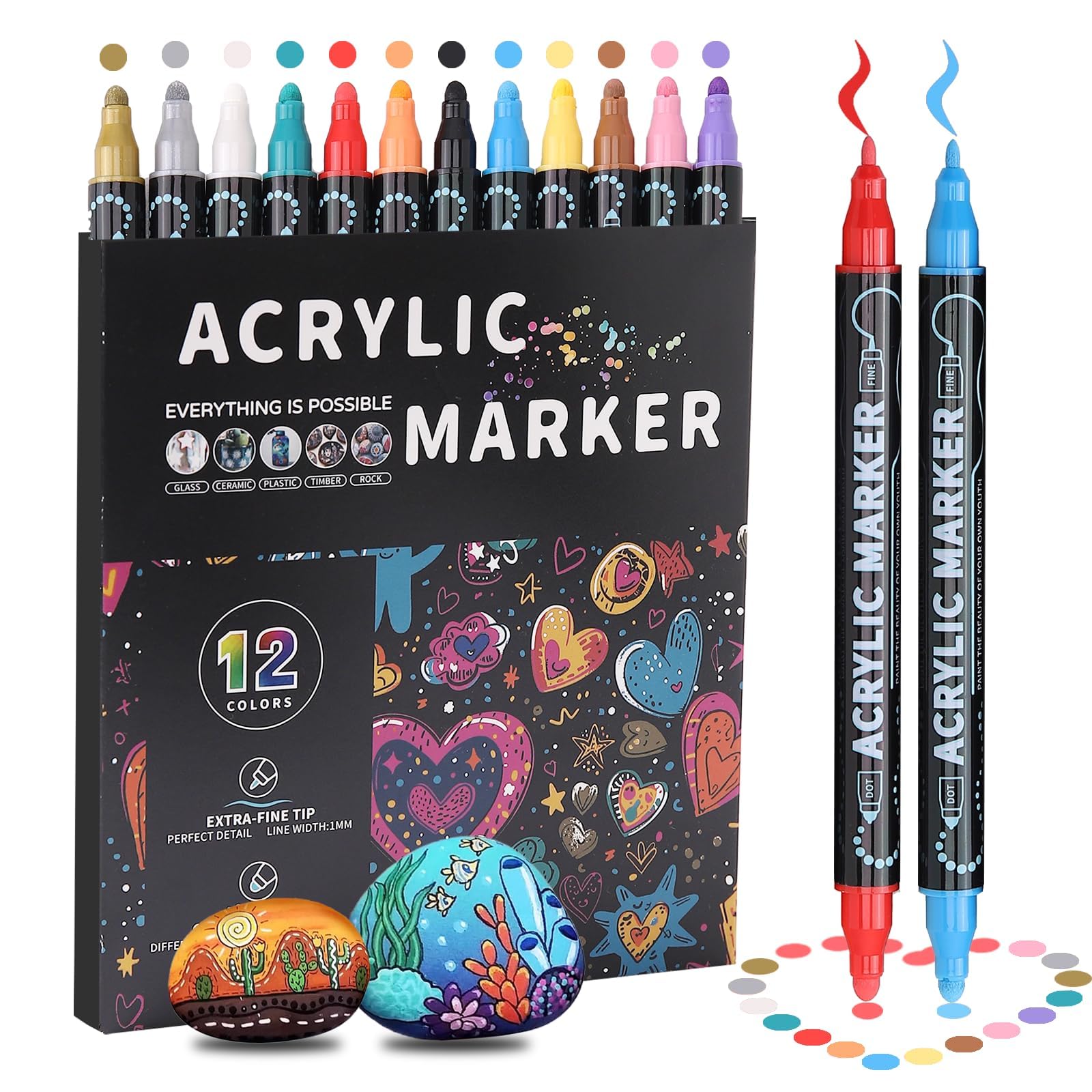Langthering 12 Colors Acrylic Markers, Double Tip Acrylic Paint Pens Markers, Premium Acrylic Markers for Wood,Rock Painting, Glass, DIY Crafts Making Art Supplies, Canvas, Stone