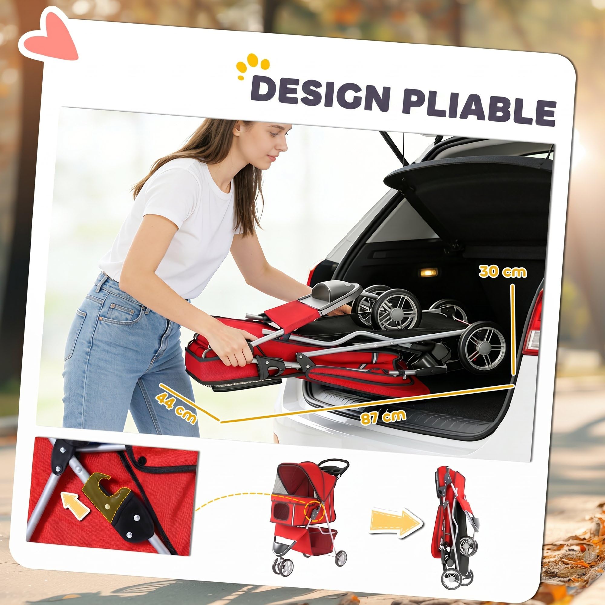 PawHut Poussette Buggy Pliable Animaux Chien Tout Terrain Rouge | Chariot Pliant Chien Chat, Panier de Rangement Inclus, Roues Avec Frein, Tissu 600D Oxford Acier, Porte-Gobelet, 75x45x97cm