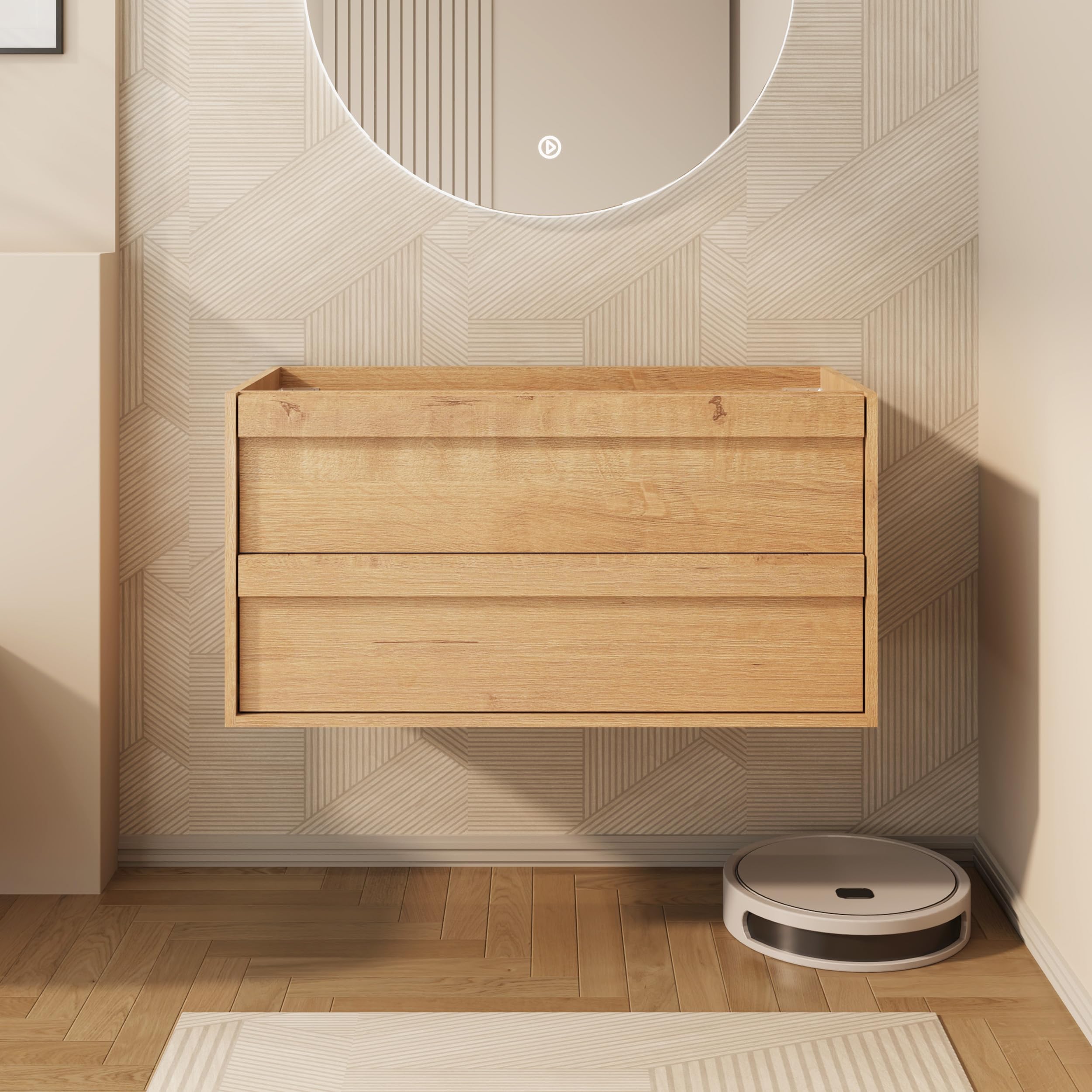 eclife 36" Floating Bathroom Vanity Sink Combo, Wall Mounted Modern Minimalist Storage Cabinet with 2 Drawers, Exclude Sink, Faucet & Drain, Natural
