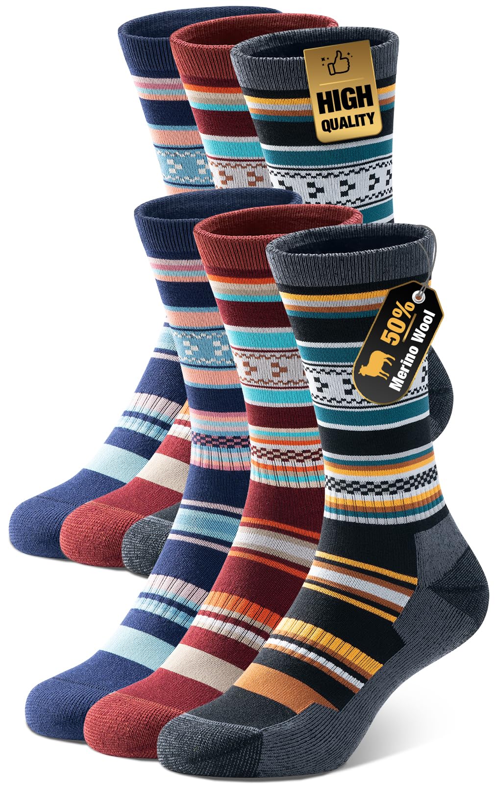 PULIOU Merino Wool Hiking Socks for Men Women, 3 Pairs Anti-Blister Breathable Cushioned Socks for Outdoor Adventure