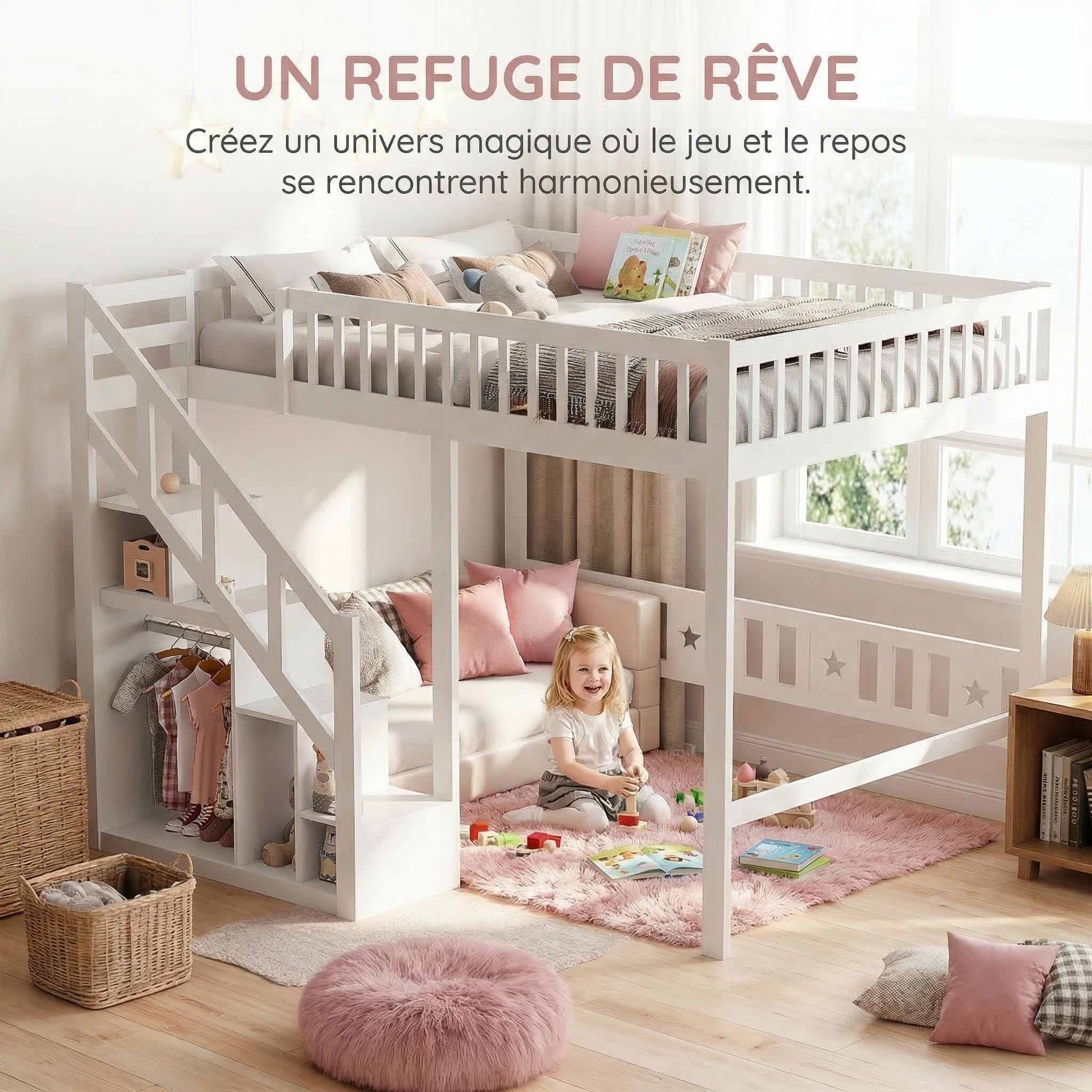 Letto a Soppalco 90x200 per Bambini con Scala Contenitore e Armadio, Letto a Castello in Legno Massello con Protezione Anticaduta, Letto Rialzato Salvaspazio per Cameretta, Bianco