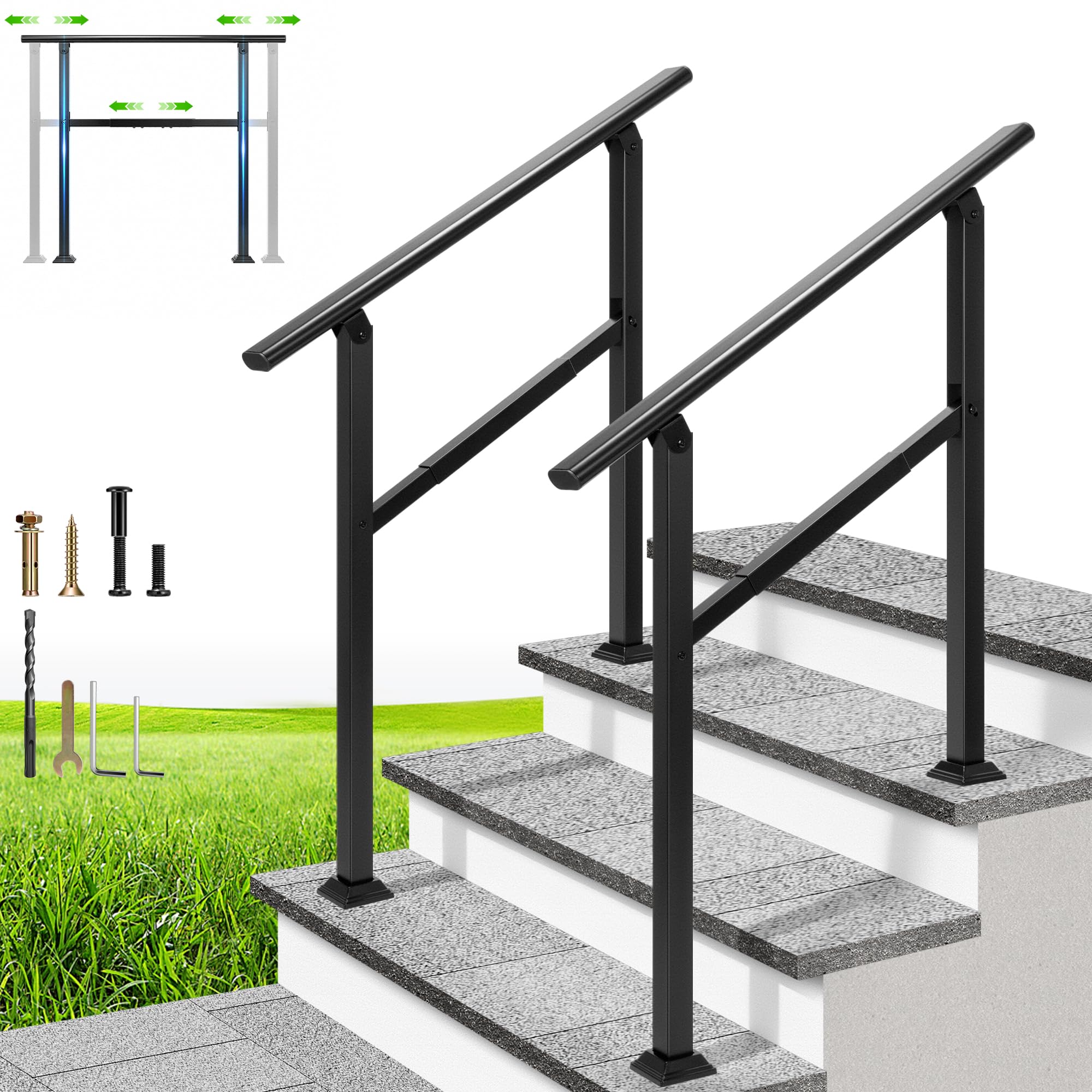 VIVOHOME Adjustable Outdoor Handrails - Durable Galvanized Steel, Black Oval Design for Porch, Deck & Stairs, 2-Pack for 3 Steps