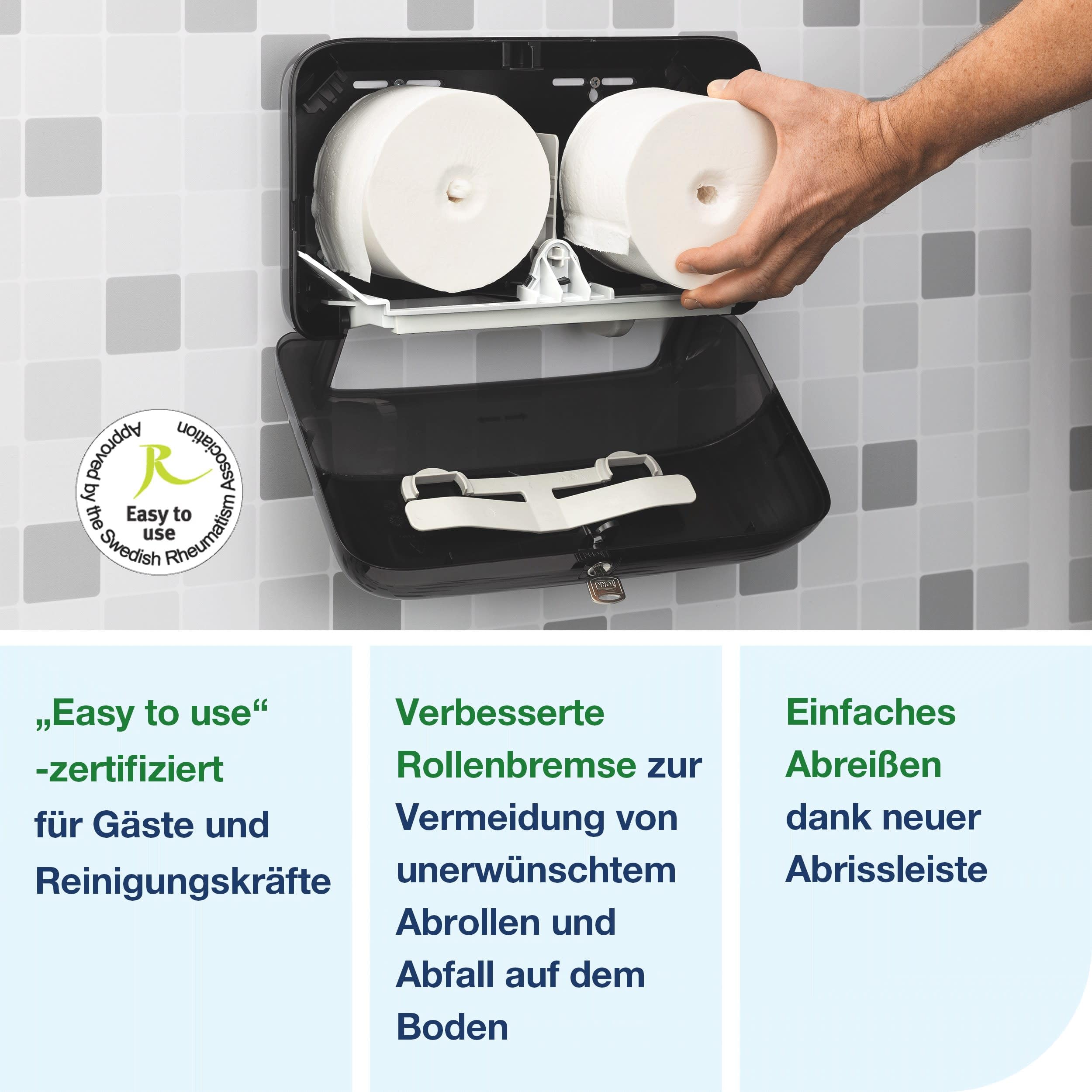 Tork OptiServe Doppelrollenspender für Hülsenloses Toilettenpapier Schwarz T7, horizontaler Toilettenrollenspender, Elevation Design, 558068