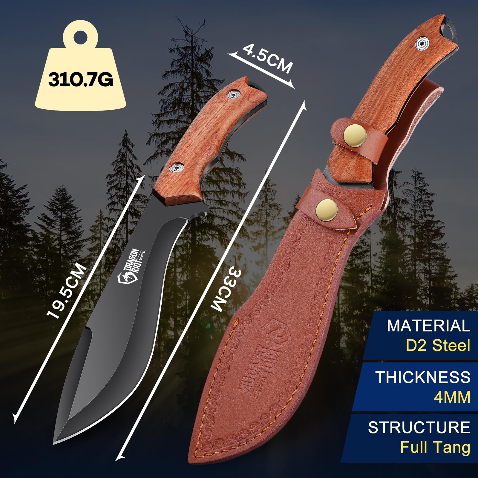 DRAGON RIOT coltello da caccia 20 cm, coltello sopravvivenza professionale con fodero in pelle, grande coltelli da caccia full tang, coltello lama fissa da uomo