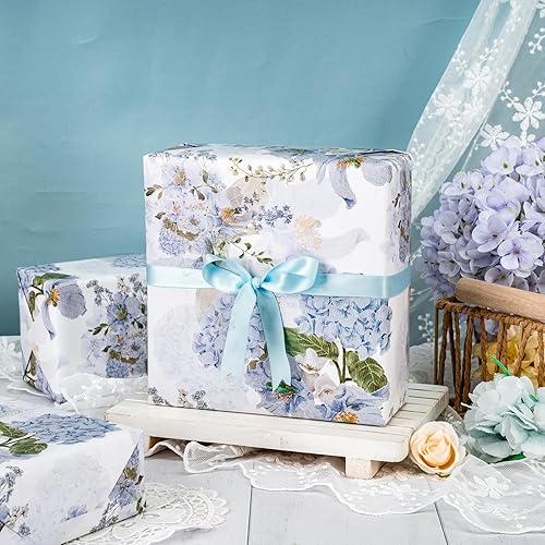 Miniatura 2 de LeZakaa - Rollo de papel de regalo floral, flores de hortensia azul para regalos de fiesta para boda, despedida de soltera, baby shower,