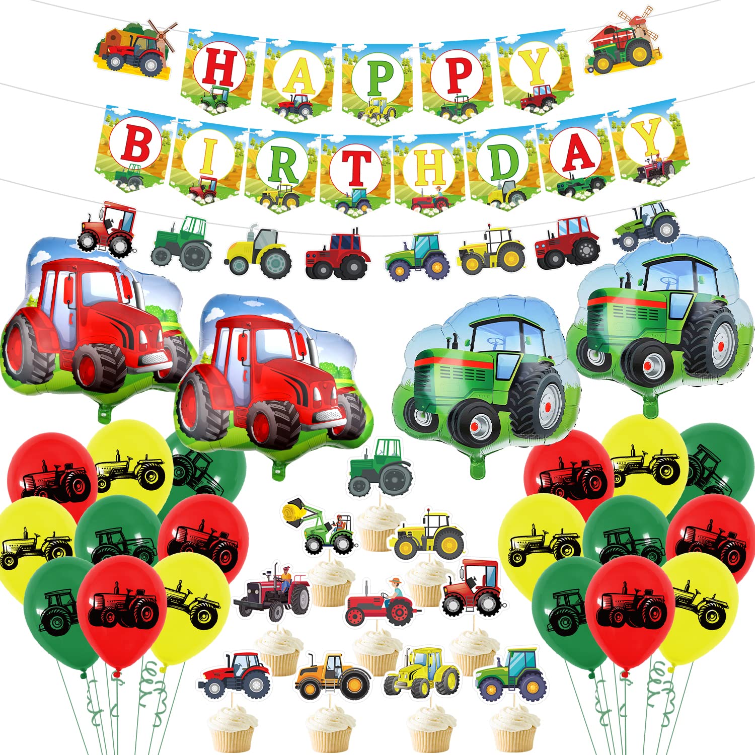 Buy Farm Tractor Theme Birthday Party Decorations Happy Birthday Banner, Cupcake Toppers