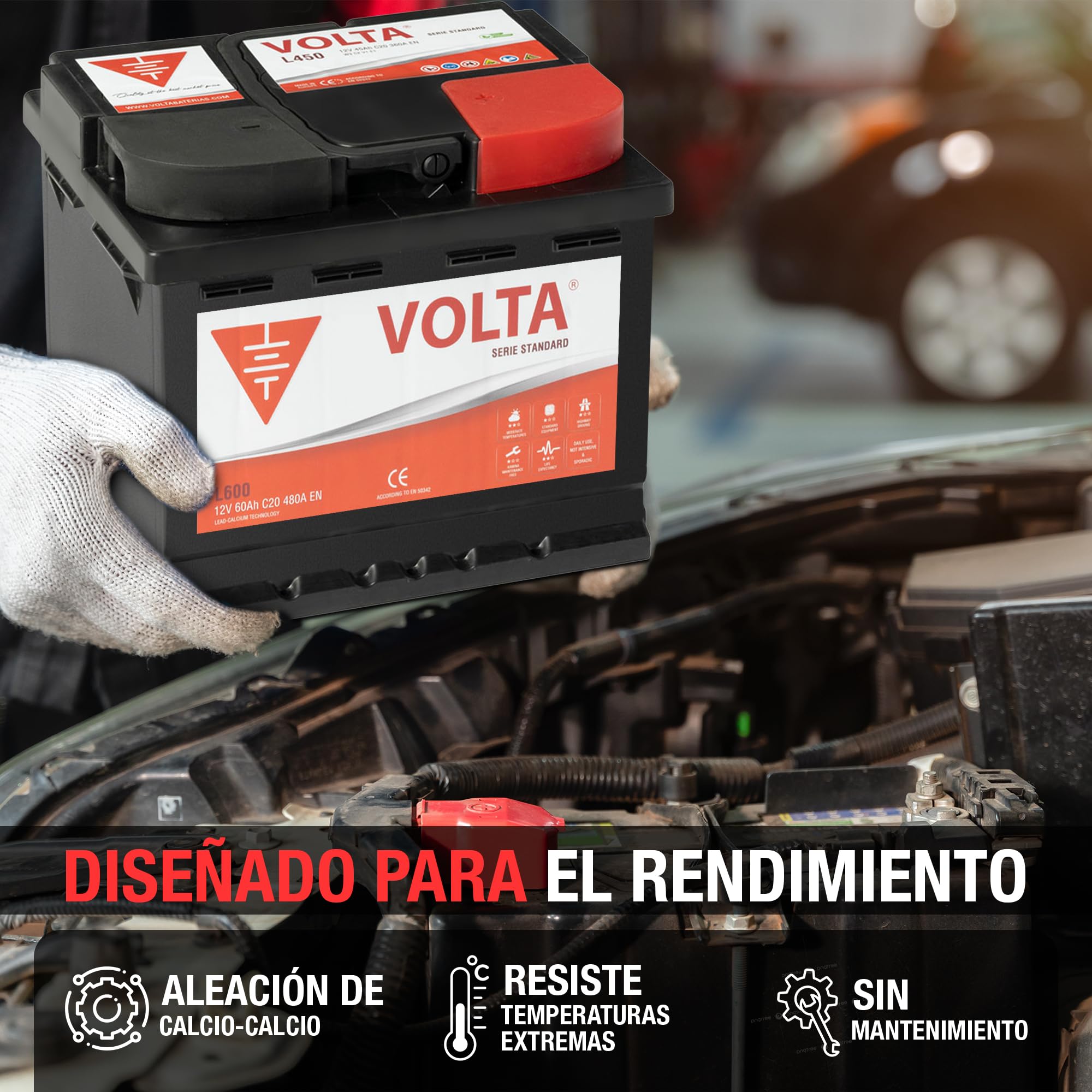 Batería De Coche 60Ah 480A EN Standard Volta L600D, bateria de automóvil de turismo, Plomo-Calcio, Batería 60Ah - Borne +Dcha - Medidas 242 x 175 x 190mm con 2 años de Garantía - Fabricación Europea