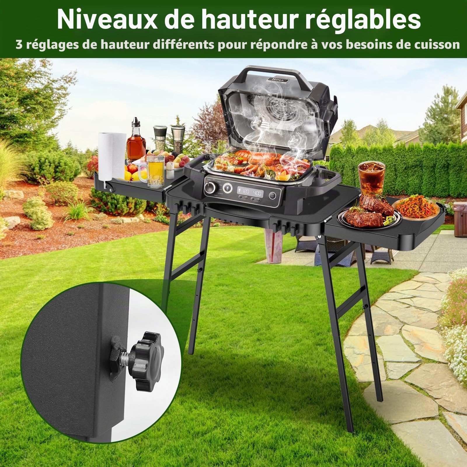 GFTIME Chariot de barbecue portable universel pour Enders Urban, Weber Q100 Q200 Q300 Series, Ninja Woodfire Grill, Burnhard Wayne, support de barbecue universel, pliable pour l'extérieur