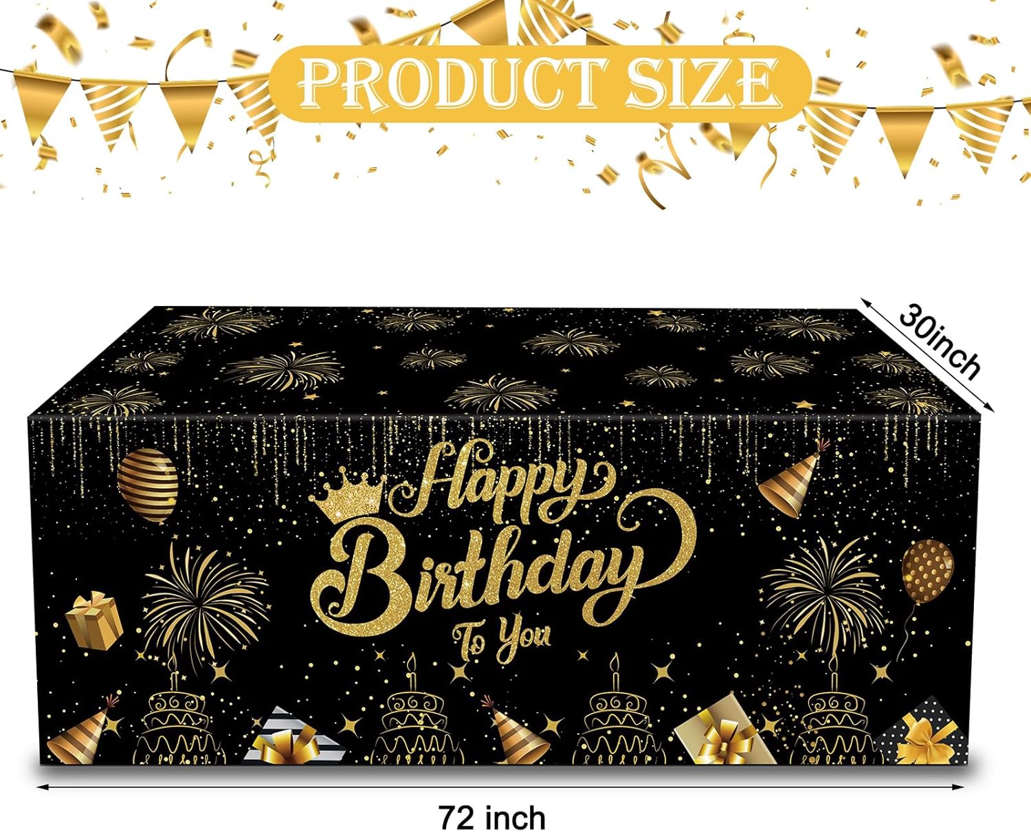 Oudain Happy Birthday Tablecloth Happy Birthday Party Decorations Black Gold Table Cover 72 x 30'' Rectangle Folding Table Cover for Women Men New Year's Black Gold Party Decorations Supplies