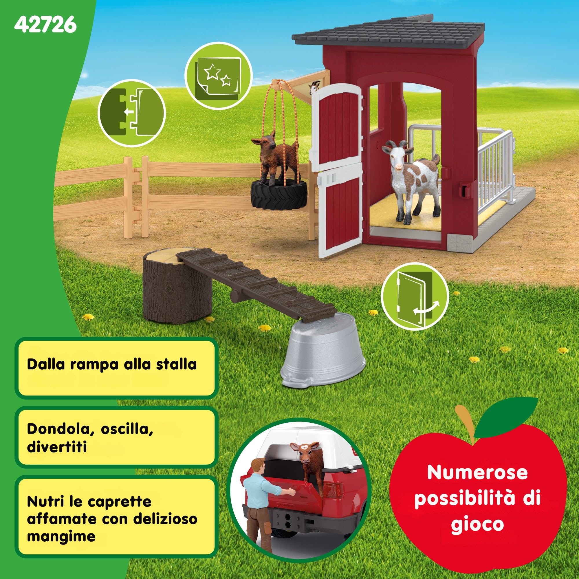 Schleich Farm World | Stalla delle capre 42726 | dai 3 Anni | 31 Pezzi | Set con stalla, capra, capretto, recinto & accessori | Figure di animali realistiche | Idea regalo bambini | Giocattolo fatto