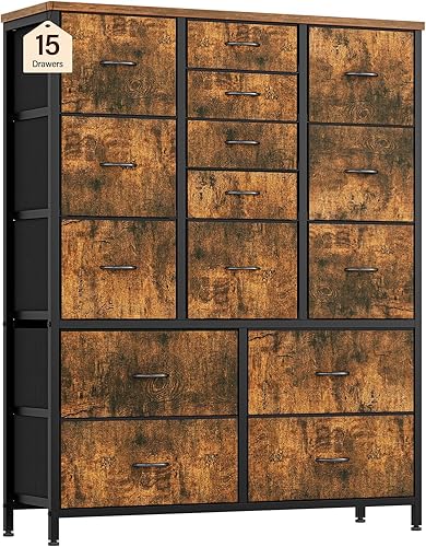 Cómoda de tela con 15 cajones para dormitorio, cómoda de almacenamiento vertical alta y cómoda, organizador de cajones de almacenamiento con marco