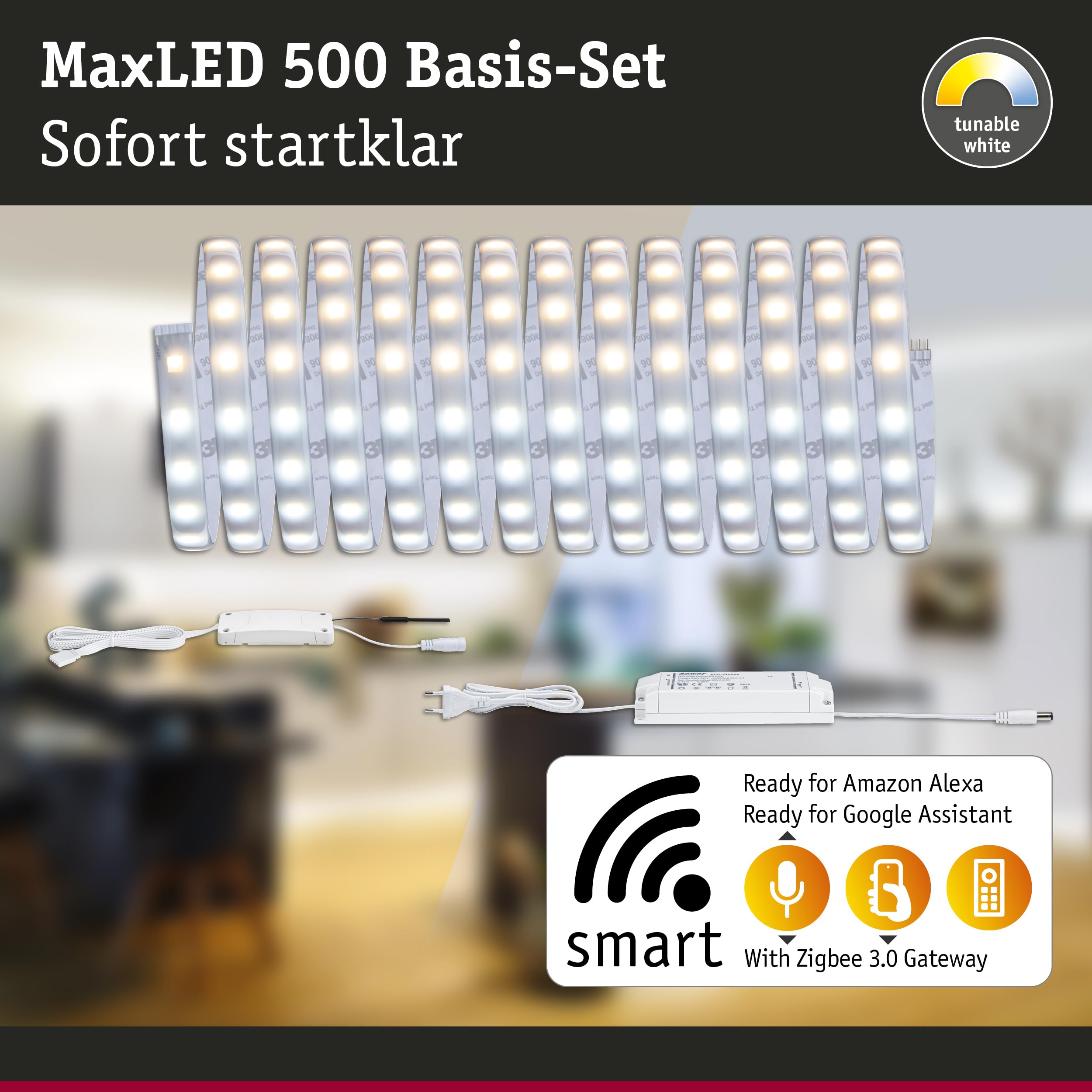 Paulmann 78873 Strip LED MaxLED 500 set básico SmartHomeZigbee TunableWhite 5m IP44 26W 230/24V 2750lm plateado, tira luz LED, resistente salpicaduras