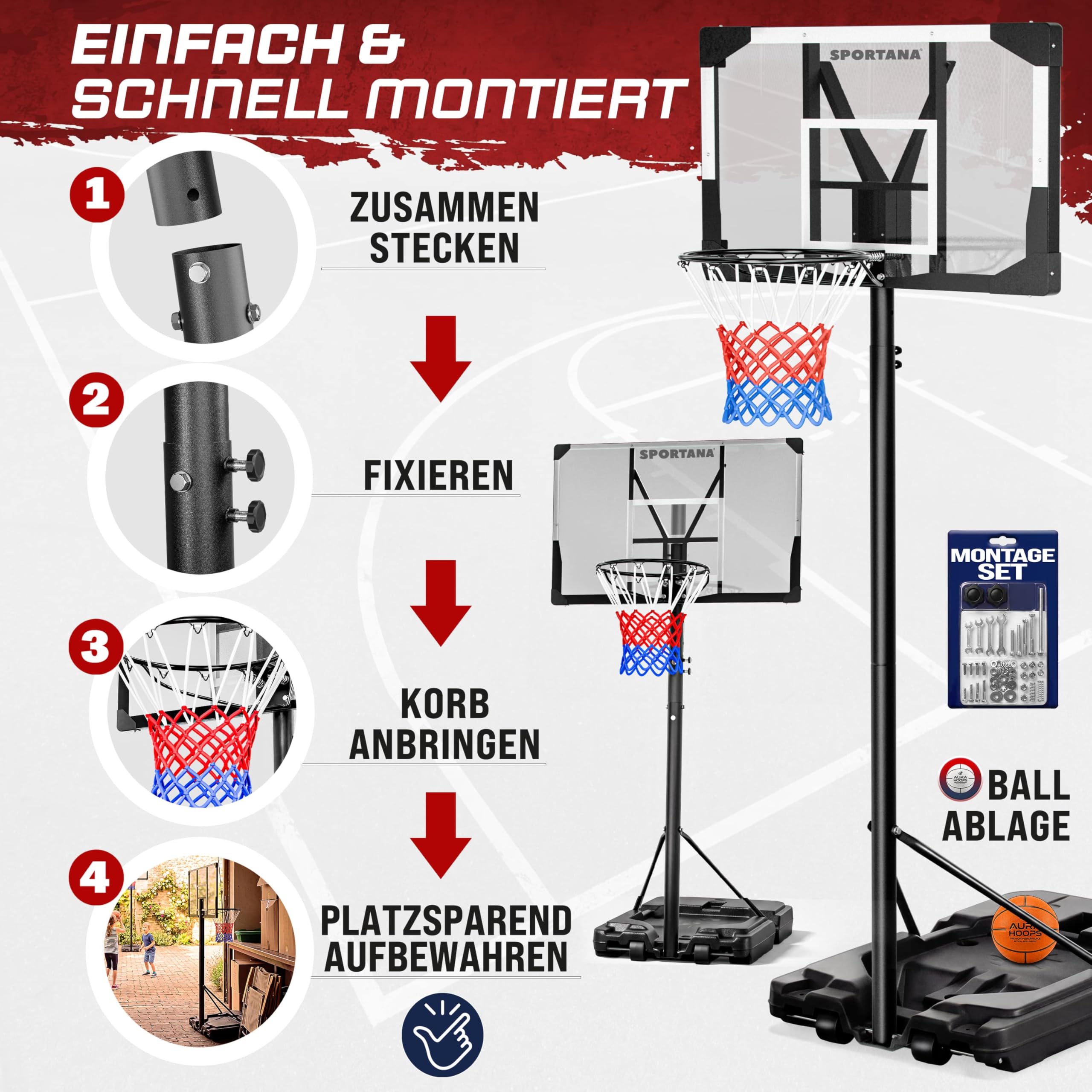 Canestro Basket da Esterno Regolabile 135–305cm Base Riempibile 60 kg Canestro per Pallacanestro con Ruote Struttura Stabile Resistente alle Intemperie Anello Ø45 cm per Bambini e Adulti