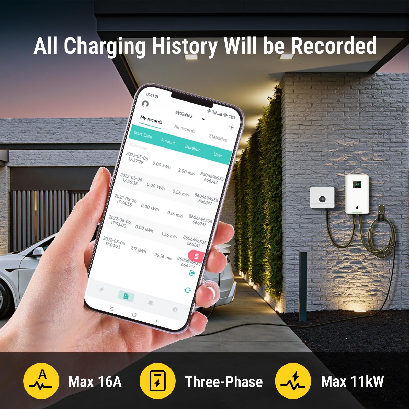 Morec Wallbox 11kW Tipo 2 con Smart App, 6-16A Trifase 380V Colonnina Ricarica Auto Elettrica con cavo di ricarica 7,5m, RCD Tipo B per BEV/PHEV, IEC 62196-2