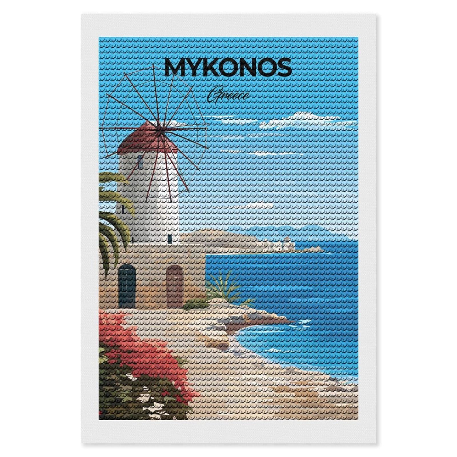 Junmoney Mykonos Greece Travel Round Drill Diamond Painting 8"x12", for Adults, Creative Leisure Activity, Office Decor, Holiday Gift Idea