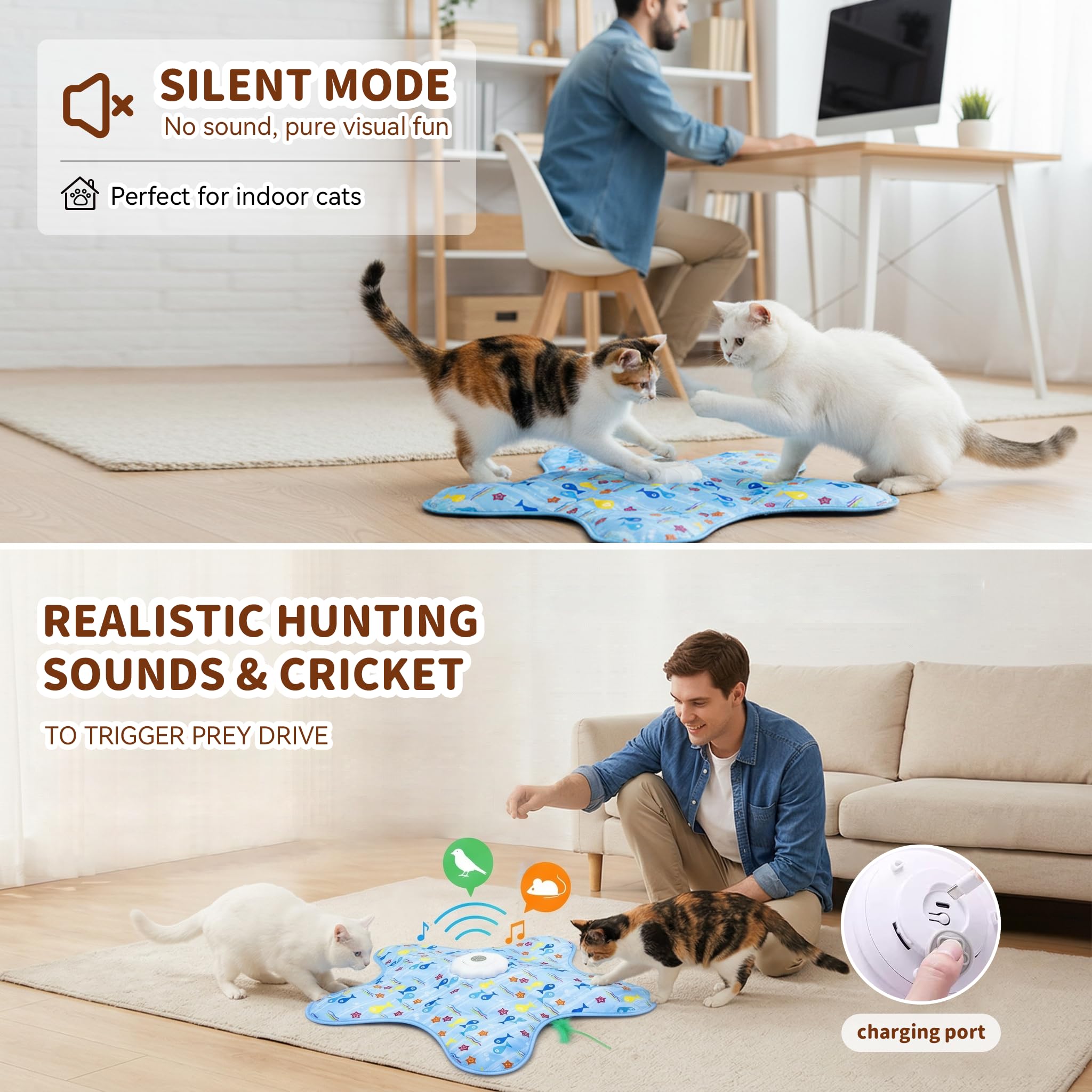 Juguetes interactivos para gatos de interior, juguete interactivo recargable para gatos con escondite activado por tacto, pluma aleteante y chirrido de ratón, ejercicio y diversión para gatos