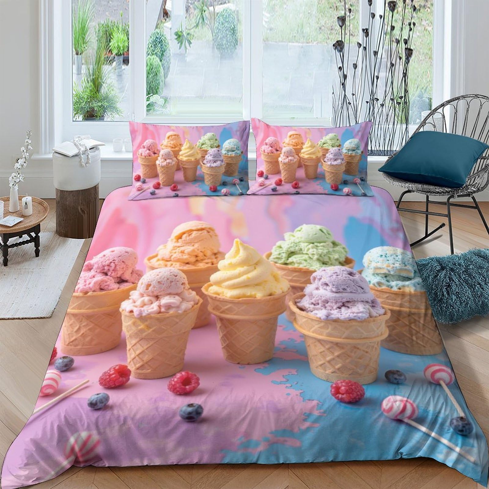 Ctjqhvkz Style-6 3D Printed Ice Cream Cone Fitted Sheet Microfiber Soft Pastel Dessert Bed Cover For Bedroom Guest Room Mattress Decor Single（135X200cm）