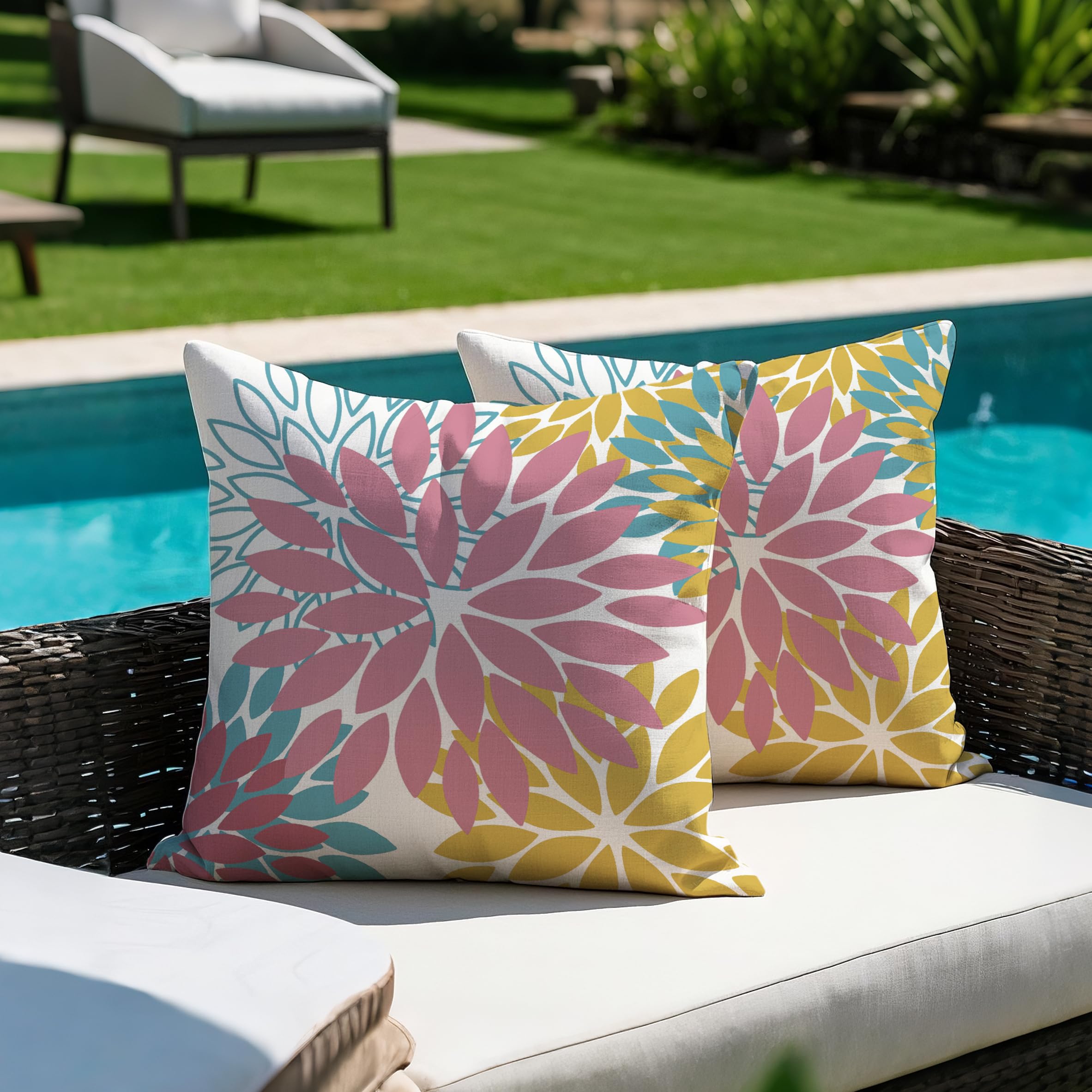 JANGYUHH Set van 2 decoratieve kussenhoezen 40x40 cm, modern, met dahlia-motief, tweezijdig patroon, roze, geel, blauw, bloemen, sofakussen, outdoor kussen, linnen kussenhoezen, decoratief voor sofa