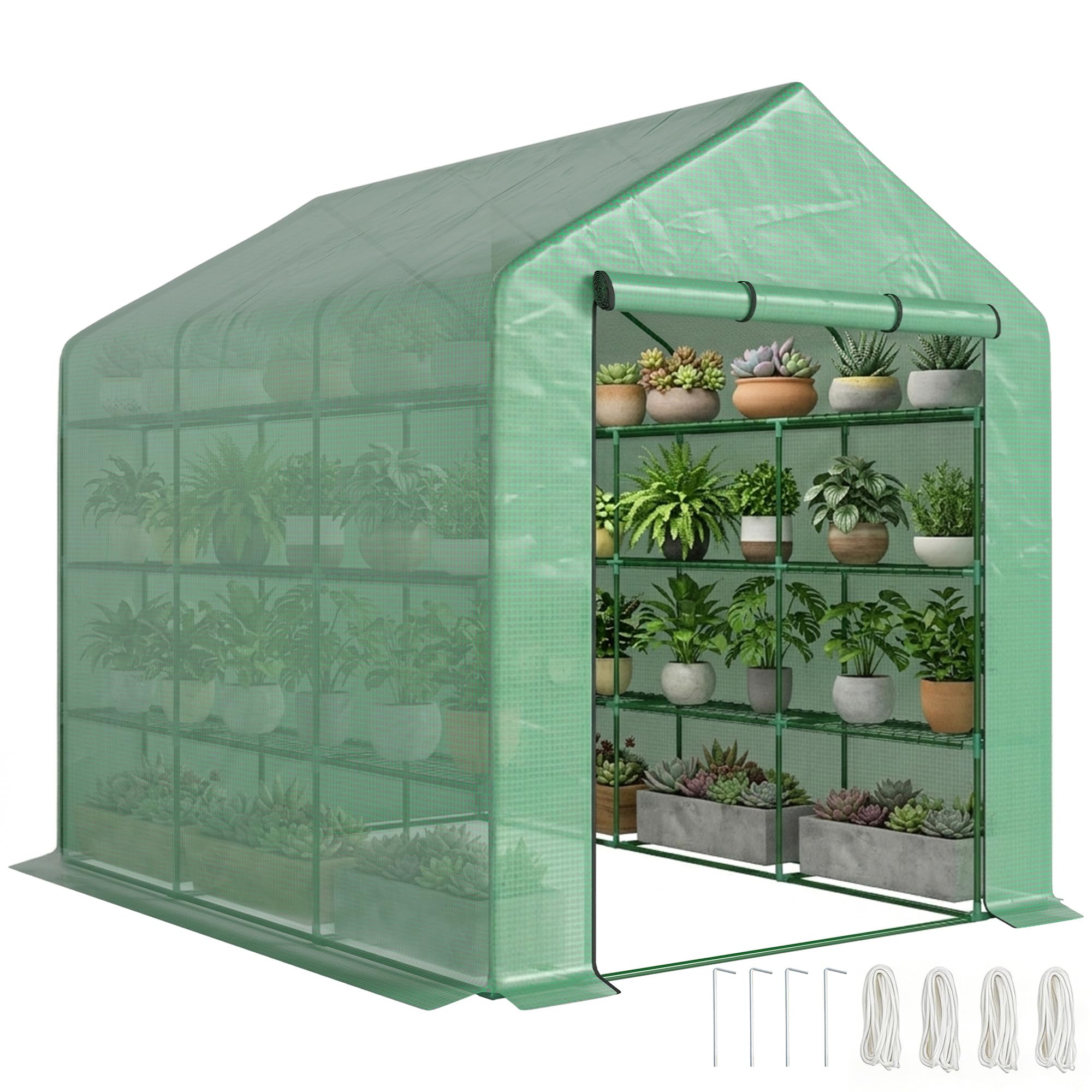 Outsunny Serre de jardin PE avec étagères 4 niveaux, 4,39 m², serre de balcon bâche renforcée 140 g/m², châssis en acier, porte zippée enroulable, pour légumes plantes fleurs, 244 x 180 x 210 cm, vert
