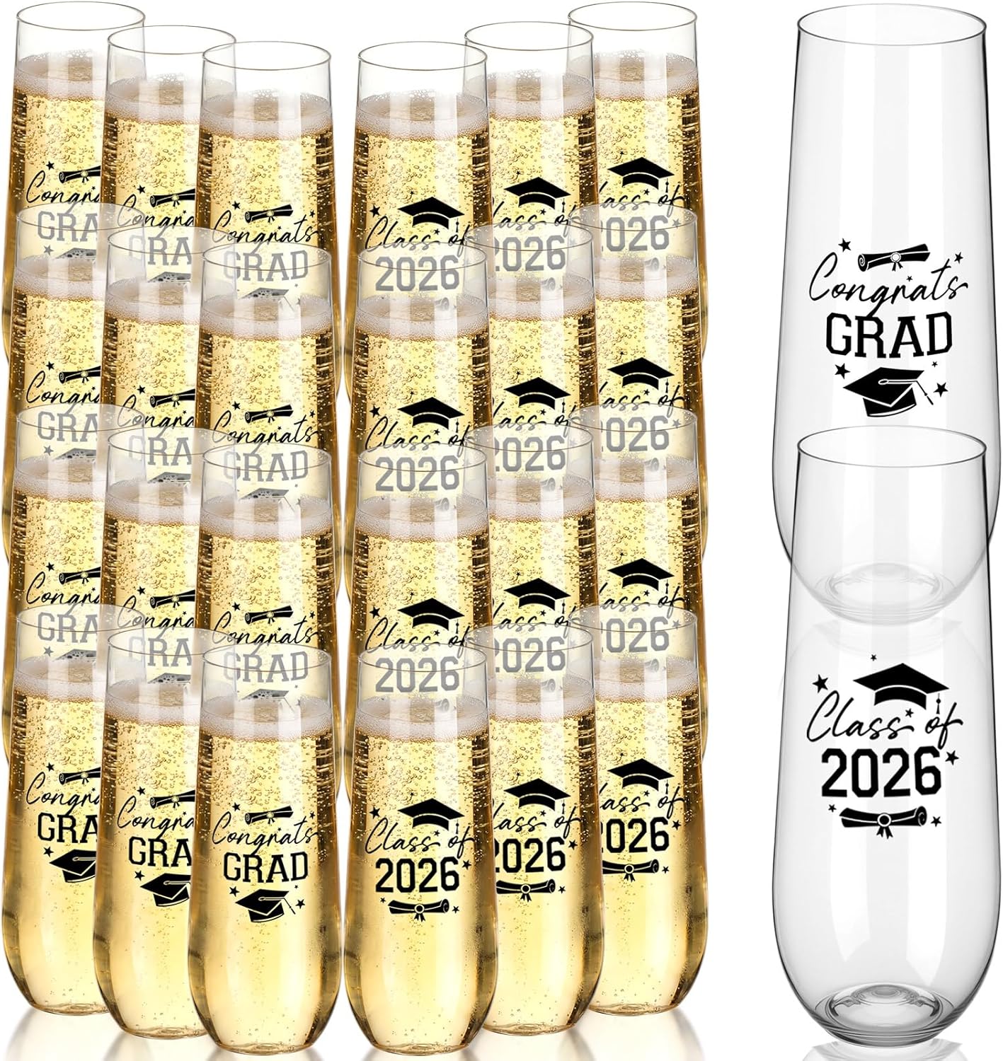 Remerry 36 Pack Graduation Stemless Plastic Wine Glasses 9 oz “Congrats Grad” & “Class of 2026” Disposable Champagne Flutes Cups Heavy Duty Shatterproof Toasting Cocktail Glasses for Graduation Party