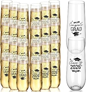 Remerry 36 Pack Graduation Stemless Plastic Champagne Flutes Cups “Congrats Grad” “Class of 2026” Disposable Wine Glasses Heavy Duty Shatterproof Toasting Glasses for Party(Graduation,9 oz)