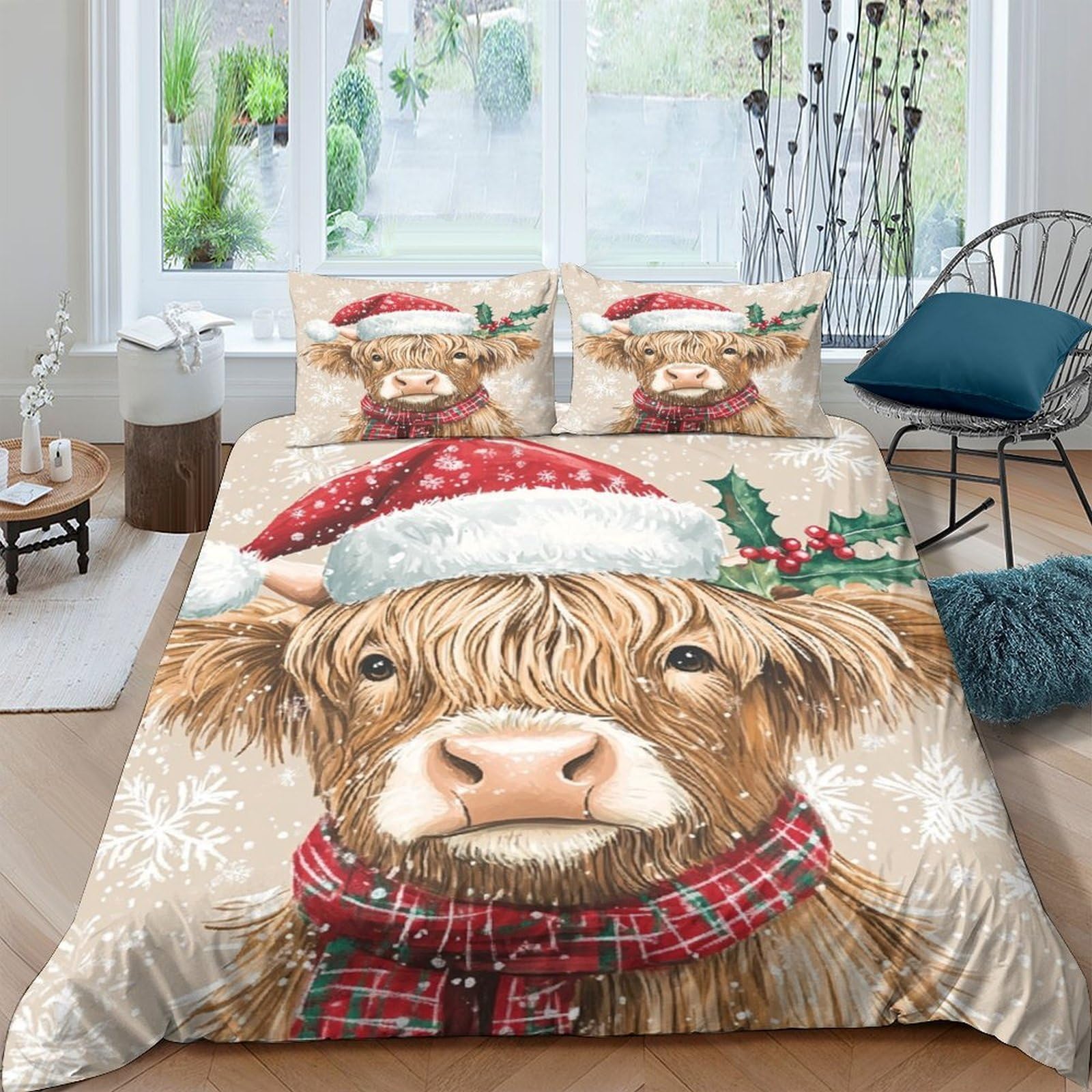 Ctjqhvkz Style-5 3D Printed Christmas Highland Cow Fitted Sheet Microfiber Soft Plaid Red Bed Cover For Bedroom Guest Room Decor Single（135X200cm）