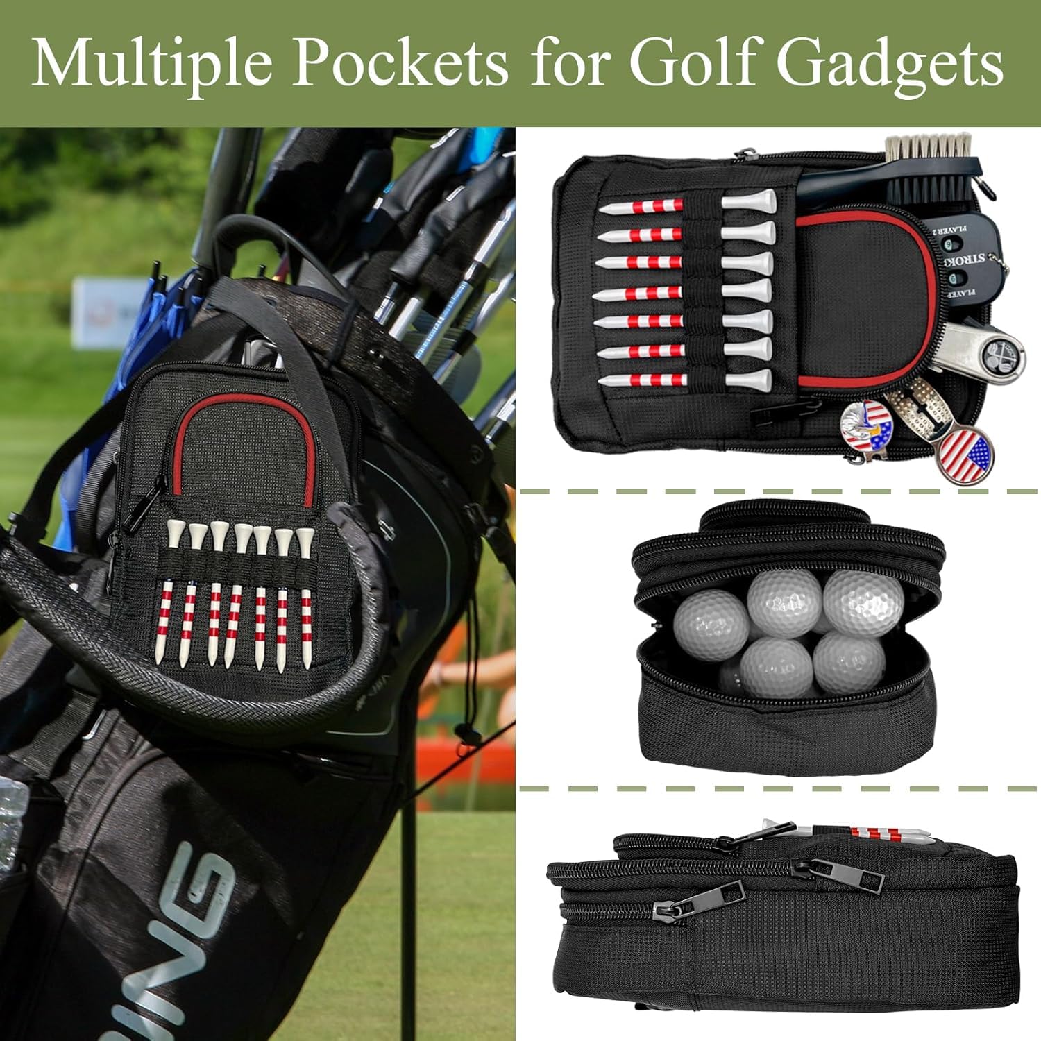 Golf-Wertsachen-Tasche – Golfball-Tasche, tragbarer Organizer, große Golf-Zubehör-Tasche für Gadgets, wie Golfbälle, Tees, Ballmarkt – Golf-Geschenk für Männer und Frauen (roter Rand)