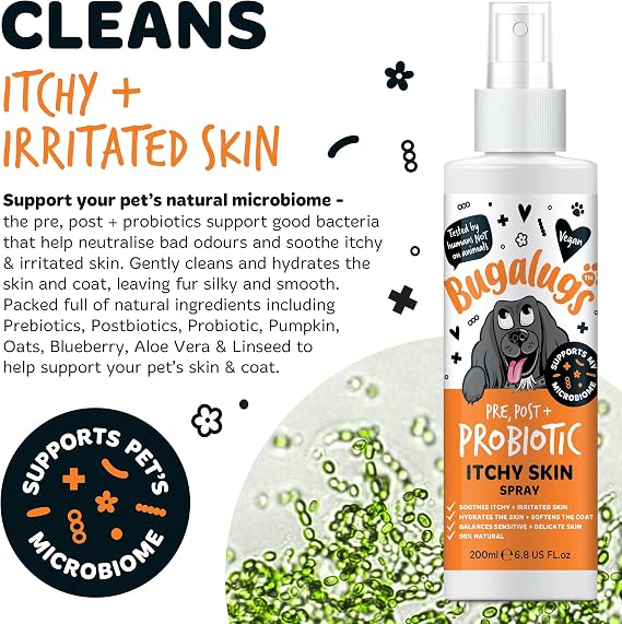 Bugalugs Probiotics for Dogs Natural Itchy Skin Spray with Pumpkin Powder for dogs – Soothes Itchy & Irritated Skin, Supports Microbiome, Itchy Ears (Probiotic Itch Spray)
