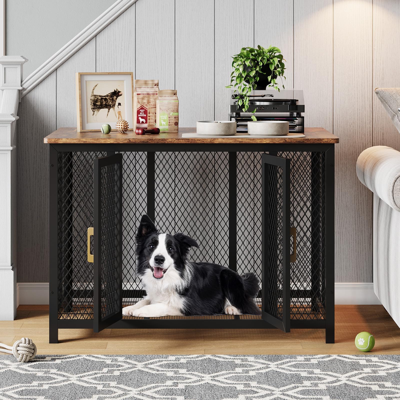 Hundekäfig Möbel, Hochbelastbar Hundebox Aus Holz Für Den Innenbereich Mit Futtertür Oben, Mehrtür-Design, Großer Hundekäfig-Beistelltisch, 118.5 x 78 x 82.5 cm, Vintage Braun