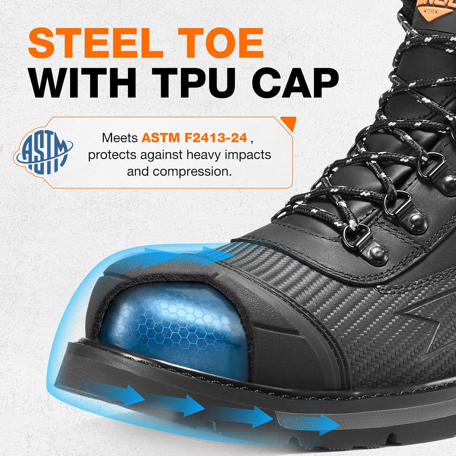 NINGO Steel Toe Work Boots for Men, Comfortable Non Slip Construction Boots, Water & Oil Resistant Durable Mens Safety Work Shoes with EH Protection, for Industrial, Welding, Warehouse