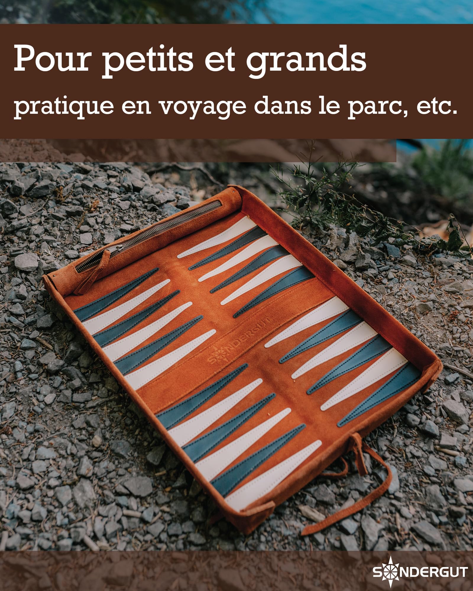 Sondergut Backgammon Deluxe - en Cuir véritable - pour 2 - Cadeau de qualité supérieure - Jeu de société - Jeu de stratégie - avec Pierres et dés en Bois