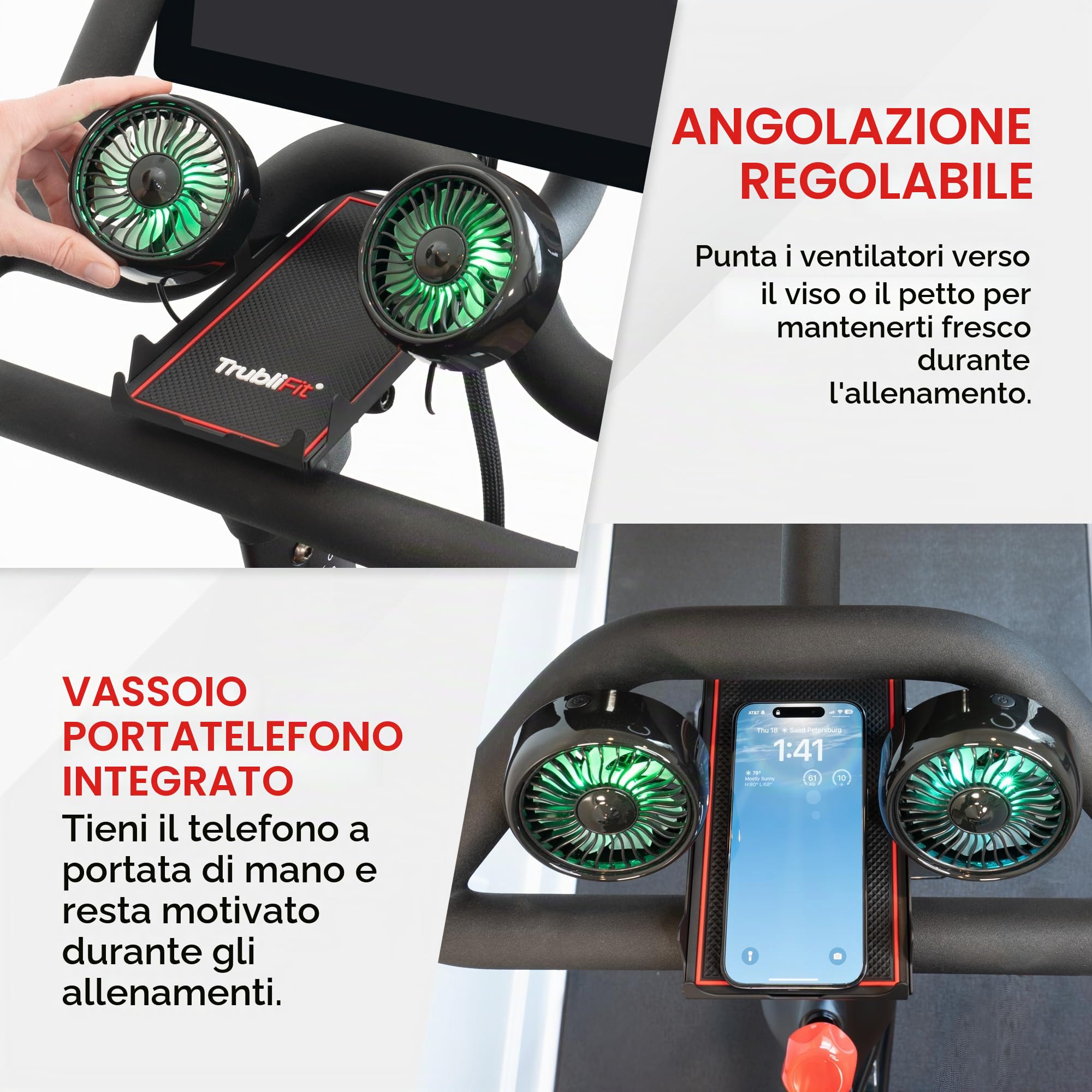 TrubliFit Peloton Bike - Ventola doppia per bicicletta con supporto per telefono, interamente in metallo, non richiede batterie, accessori per Peloton Bike