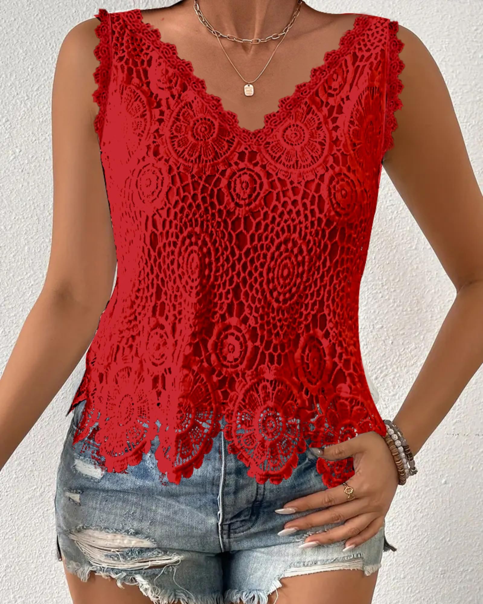 Top Donna Senza Maniche in Pizzo con Scollo a V, Ricamo Floreale, Corto, Orlo Smerlato, Blusa Estiva Casual